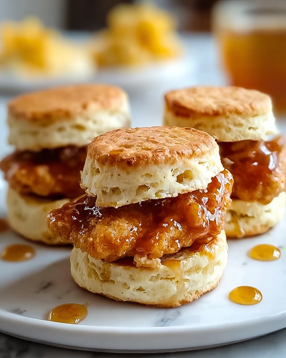 Three small sandwiches are placed on a white rectangular plate with a white marbled texture background. Each sandwich has two layers of golden brown biscuit halves, flaky and soft in texture, holding a thick layer of crispy fried chicken in the center. The chicken is coated with a shiny, sticky amber sauce that drips slightly onto the plate. In the background, there are blurred yellow fries adding a light touch of color. The lighting highlights the biscuit's soft texture and the glossy sauce on the fried chicken. photo taken with an iphone --ar 4:5 --v 7
