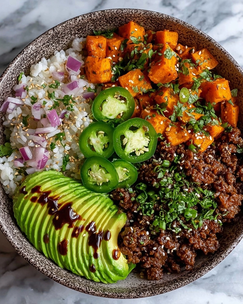 A bowl filled with five main sections neatly arranged inside: at the bottom right, a layer of cooked ground beef with a dark brown color and a crumbly texture, sprinkled with green chopped herbs; next to it on the top right, roasted sweet potato cubes with a bright orange color and a slightly caramelized surface, also garnished with green herbs; at the top center, fresh green jalapeño slices with visible seeds, adding a glossy shine; on the top left, white rice mixed with finely chopped red onions and a few sesame seeds; on the bottom left, sliced avocado fanned out with a smooth light green color, drizzled with a dark sauce and sprinkled with sesame seeds and small green herbs. The bowl itself is light gray with a speckled pattern, placed on a white marbled textured surface. Photo taken with an iphone --ar 4:5 --v 7