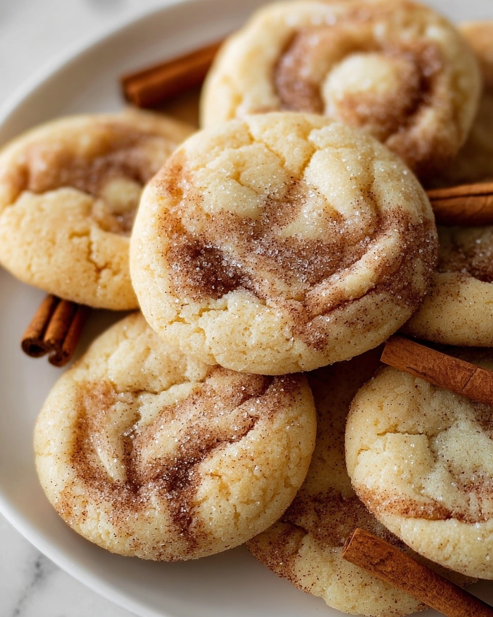 A close-up view of several soft, round cookies stacked on a white plate, each cookie showing two visible layers: a light golden-brown dough base with a slightly cracked texture and a swirled cinnamon-sugar layer on top that creates a marbled effect in darker brown tones. Some cookies have small cinnamon sticks placed on their edges, adding a rustic look. The cookies appear sugar-coated, giving them a slightly sparkly surface. The background is a white marbled texture. photo taken with an iphone --ar 4:5 --v 7