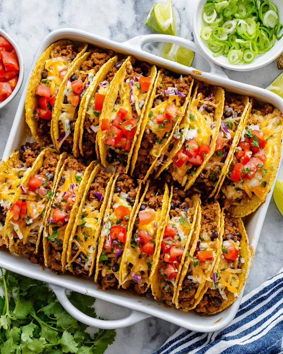 A white rectangular tray filled with twelve hard shell yellow corn tacos arranged in three rows. Each taco has a bottom layer of cooked ground beef mixed with black beans, topped with melted orange and white cheese, then small diced red tomatoes and chopped green onions, with a sprinkle of chopped fresh cilantro and thin strips of purple cabbage on some. The tray sits on a white marbled surface with lime slices on a white dish and fresh cilantro in the background, accompanied by a blue and white striped cloth at the tray’s edge. photo taken with an iphone --ar 4:5 --v 7