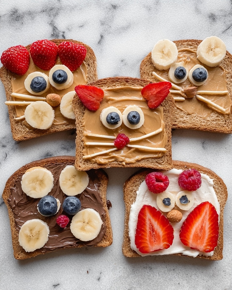 Five slices of whole wheat bread are decorated with spreads and fruits to look like animals and faces, arranged on a white marbled surface. The first slice has a dark chocolate spread base with banana slice ears on the sides, two blueberries for eyes, and a banana slice with a chocolate line for the mouth near the bottom. The second slice is covered in peanut butter and shaped like a cat face with two strawberry slices as ears at the top corners, two blueberries for eyes, a small strawberry piece as a nose, and thin banana strips as whiskers spread out on both sides near the bottom. The third slice has a nut spread base with three banana slices topped with blueberries in the center and strawberry slices on the side, creating an owl face with the fruit layers stacked in two layers near the top. The fourth slice is spread with white cream and decorated with banana slices topped with blueberries as eyes in the upper middle area, a small red berry for the nose just below, and strawberry slices arranged like ears on each side. The fifth slice has white cream at the base with thin strawberry slices layered like feathers on the upper two-thirds, banana slices fanned out on the right side, a banana slice with blueberry for one eye on the left, and the whole arrangement resembles a bird’s face. Photo taken with an iphone --ar 4:5 --v 7