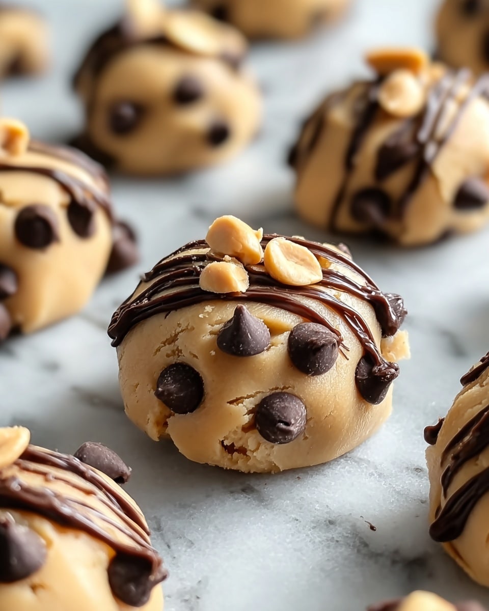 The image shows a close-up of round cookie dough balls placed on a white marbled surface. Each ball is smooth and light brown in color, with several dark brown chocolate chips pressed into the top and around the sides. Thin, shiny dark chocolate drizzles run across the dough balls in a few places, adding a glossy texture. A few peanut pieces are also visible on the surface of one cookie dough ball, giving a slight contrast in color and texture. The photo is focused sharply on the center cookie dough ball, with a soft blur on the surrounding ones in the background, creating depth. Photo taken with an iphone --ar 4:5 --v 7