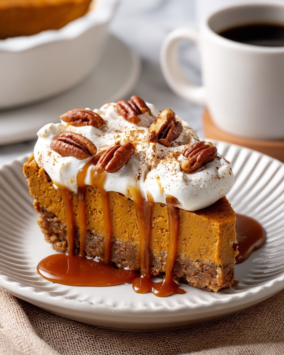 A thick slice of pumpkin pie with a golden brown crust sits on a white plate with ridges. The pie has two main layers: a dense orange pumpkin filling and a firm crust at the bottom. On top, there is a generous dollop of white whipped cream sprinkled with cinnamon powder. Pieces of pecans are scattered over the whipped cream and pie. A rich caramel sauce is drizzled over the top and flows down the sides of the pie slice. In the background, there is a white container with dark liquid inside, placed on a white marbled surface. Photo taken with an iphone --ar 4:5 --v 7
