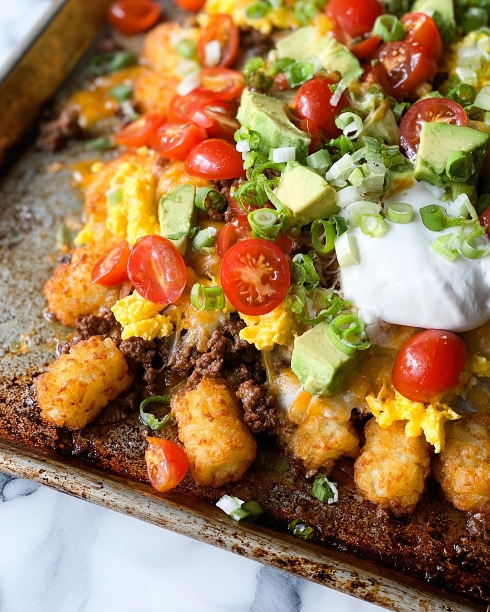 A close-up view of a dish with a base layer of crispy, golden brown tater tots spread unevenly on a light baking sheet. On top of the tater tots, there is a layer of browned, crumbly cooked ground beef mixed with melted cheese that is slightly browned and bubbly. Above that, bright yellow scrambled eggs are scattered, soft and fluffy. On the next layer, fresh pieces of green avocado chunks and red grape tomato halves are spread evenly, adding fresh color. Green chopped spring onions are sprinkled throughout. On one side, there is a dollop of white sour cream, smooth and creamy. The whole dish is placed on a white marbled surface. photo taken with an iphone --ar 4:5 --v 7