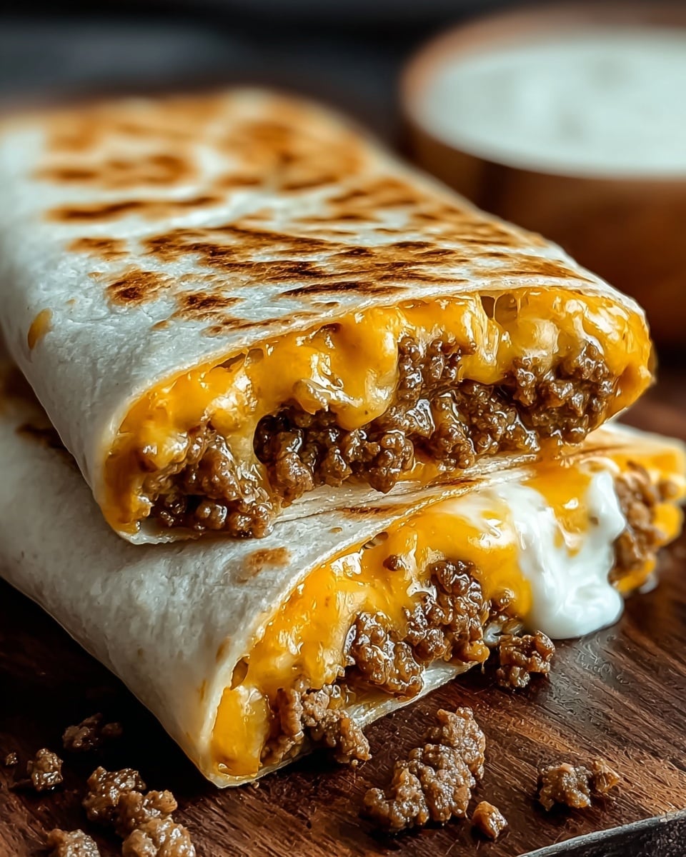 A close-up view of a two-layer grilled burrito cut in half, showing the inside filled with browned ground beef and melted cheese. The top layer has orange-yellow melted cheddar cheese mixed with crumbly brown beef, while the bottom layer has a blend of white and orange melted cheese with similar beef filling. The outer tortilla is grilled with a golden brown, slightly textured surface. The burrito is resting on a dark wooden surface with some small pieces of beef fallen out. In the background, a blurred white bowl with a white marbled texture surface is visible. photo taken with an iphone --ar 4:5 --v 7