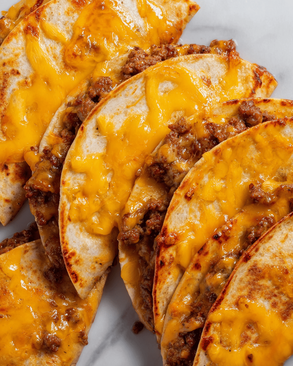 The image shows several folded tortillas filled with a dark brown cooked ground meat mixture that peeks out from the edges. Each tortilla is topped with a generous layer of melted bright orange cheddar cheese that covers most of the surface. The tortillas have a golden-brown toasted texture with some crisped spots. They are placed closely together on a white marbled surface, filling the frame with the warm colors of cheese and meat. photo taken with an iphone --ar 4:5 --v 7