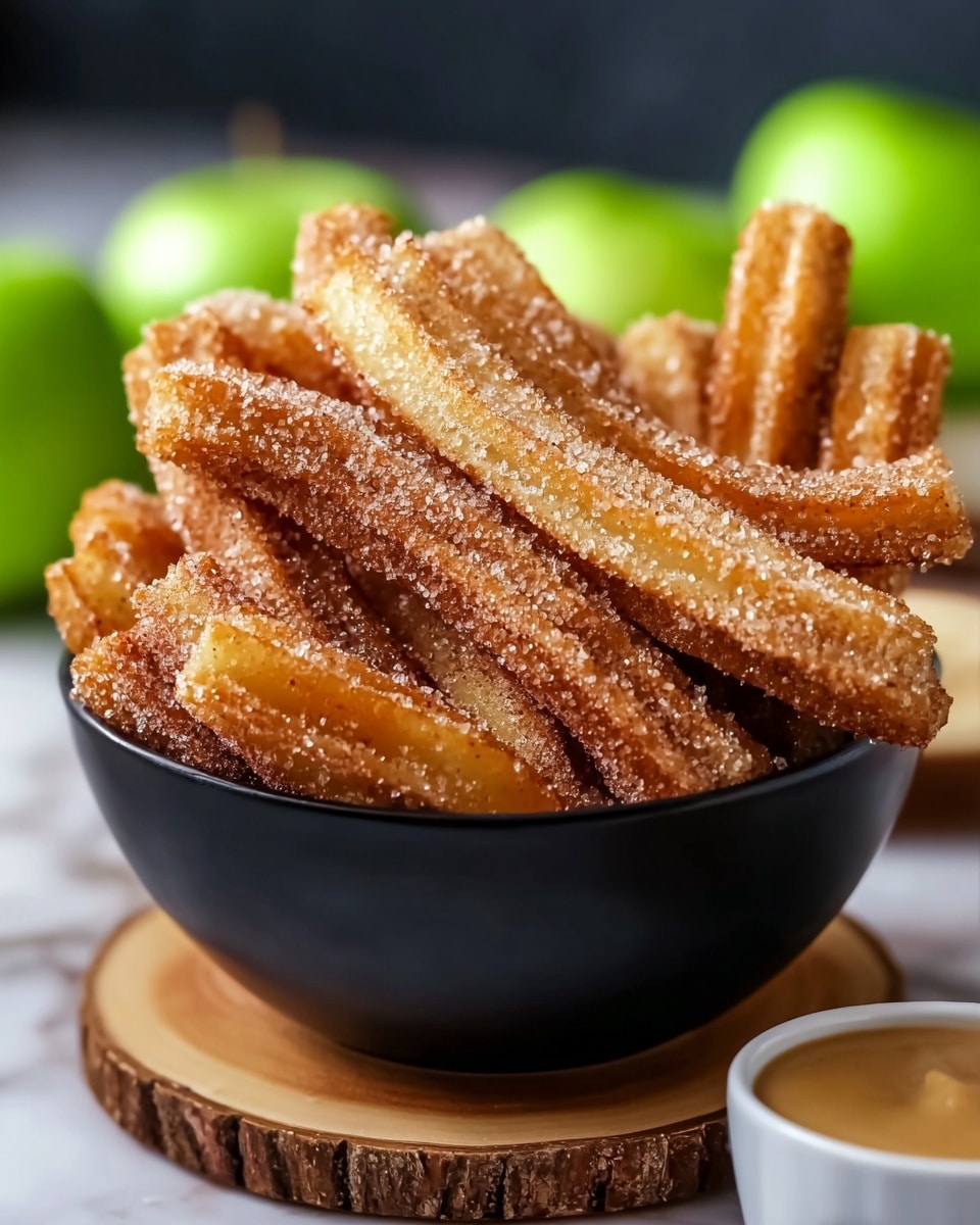 The image shows a white bowl filled with two layers of golden-brown churros sticks coated in sugar and cinnamon, stacked unevenly with some sticks leaning on each other, giving a crispy and textured look. The churros have a warm color with fine sugar crystals shining on their surfaces. The bowl sits on a wooden round board placed on a white marbled texture. In the blurred background, there are two bright green apples and a white ramekin with caramel-colored sauce visible. The focus is sharp on the churros, showing their crunchy texture and sugary coating clearly. photo taken with an iphone --ar 4:5 --v 7