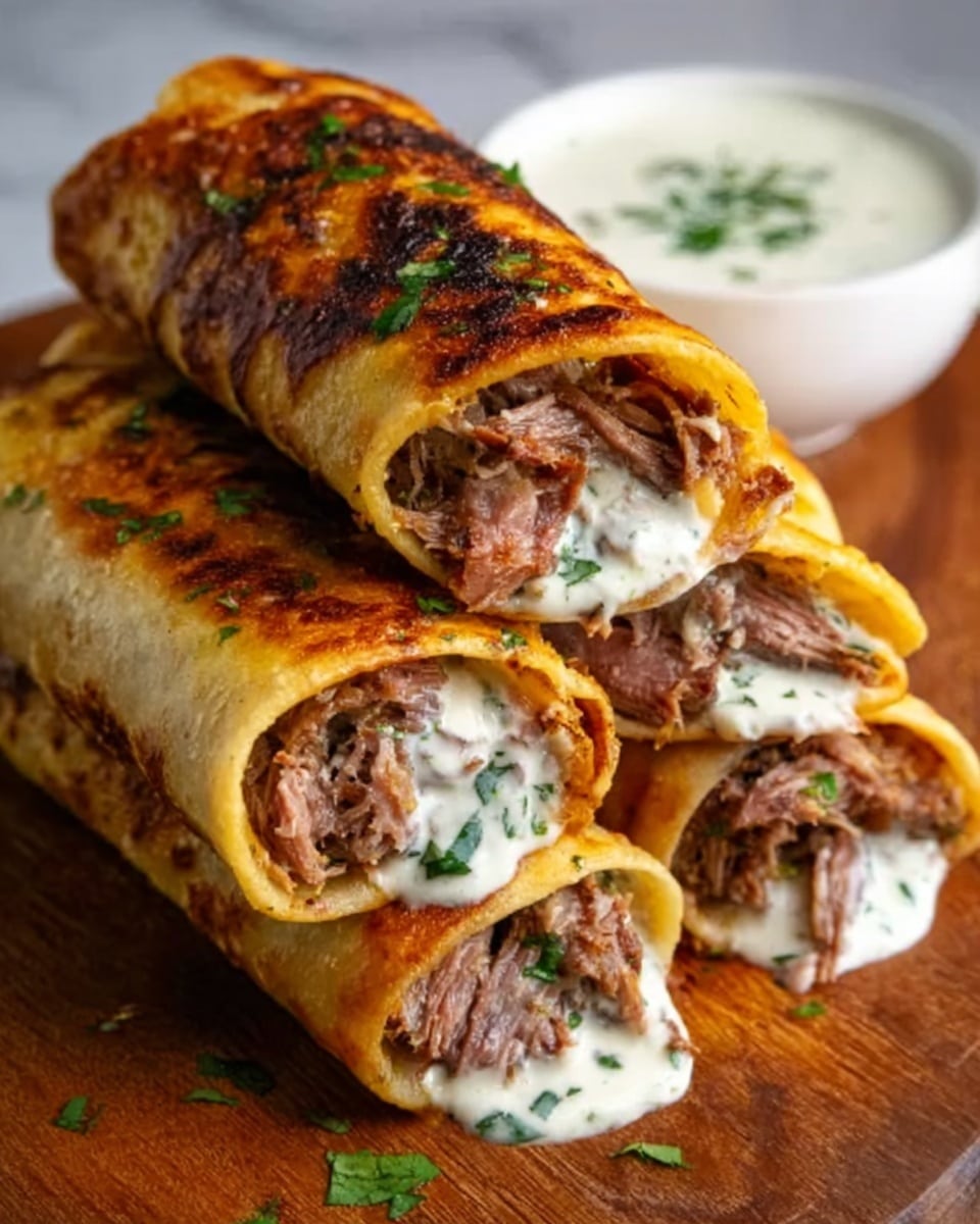The image shows three rolled wraps stacked on a wooden board with a white marbled background. Each wrap has a golden-brown, slightly crispy outer layer with grill marks. Inside, there are visible layers of melted white cheese, tender pieces of cooked meat in brown shades, and fresh green herbs. The wraps are cut at an angle, showing the gooey cheese and meat layers inside, and small bits of green herbs scattered on top and around. In the background, a small white bowl with a creamy white sauce is partly visible. Photo taken with an iphone --ar 4:5 --v 7