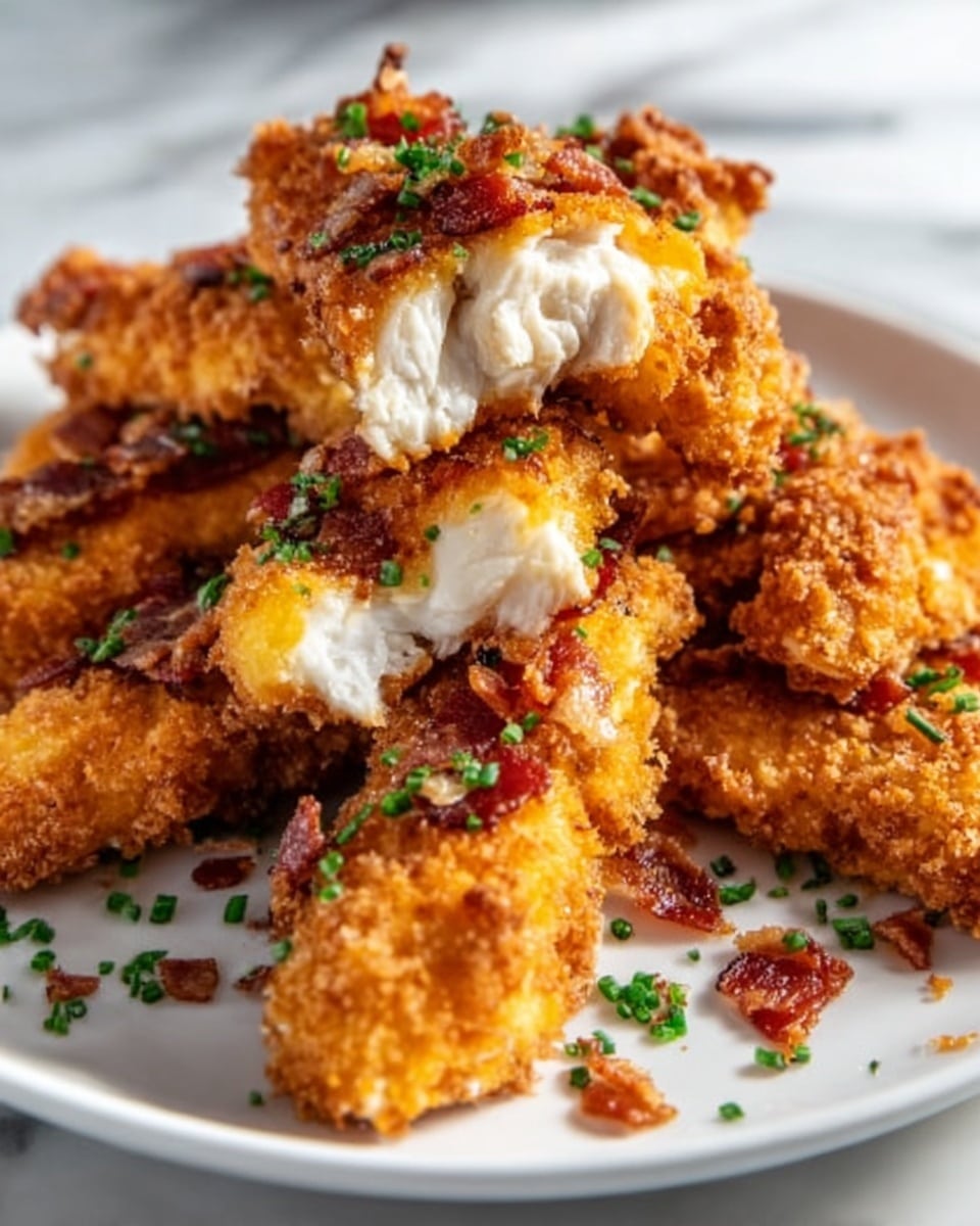 A white plate is filled with crispy golden brown chicken tenders stacked unevenly. Each tender shows a crunchy, crumbly texture on the outside with a soft, white meat interior clearly visible where a piece is cut open. Small bits of red bacon and chopped green herbs are sprinkled on top, adding color contrast. The plate sits on a white marbled surface with soft natural light enhancing the warmth of the dish. photo taken with an iphone --ar 4:5 --v 7