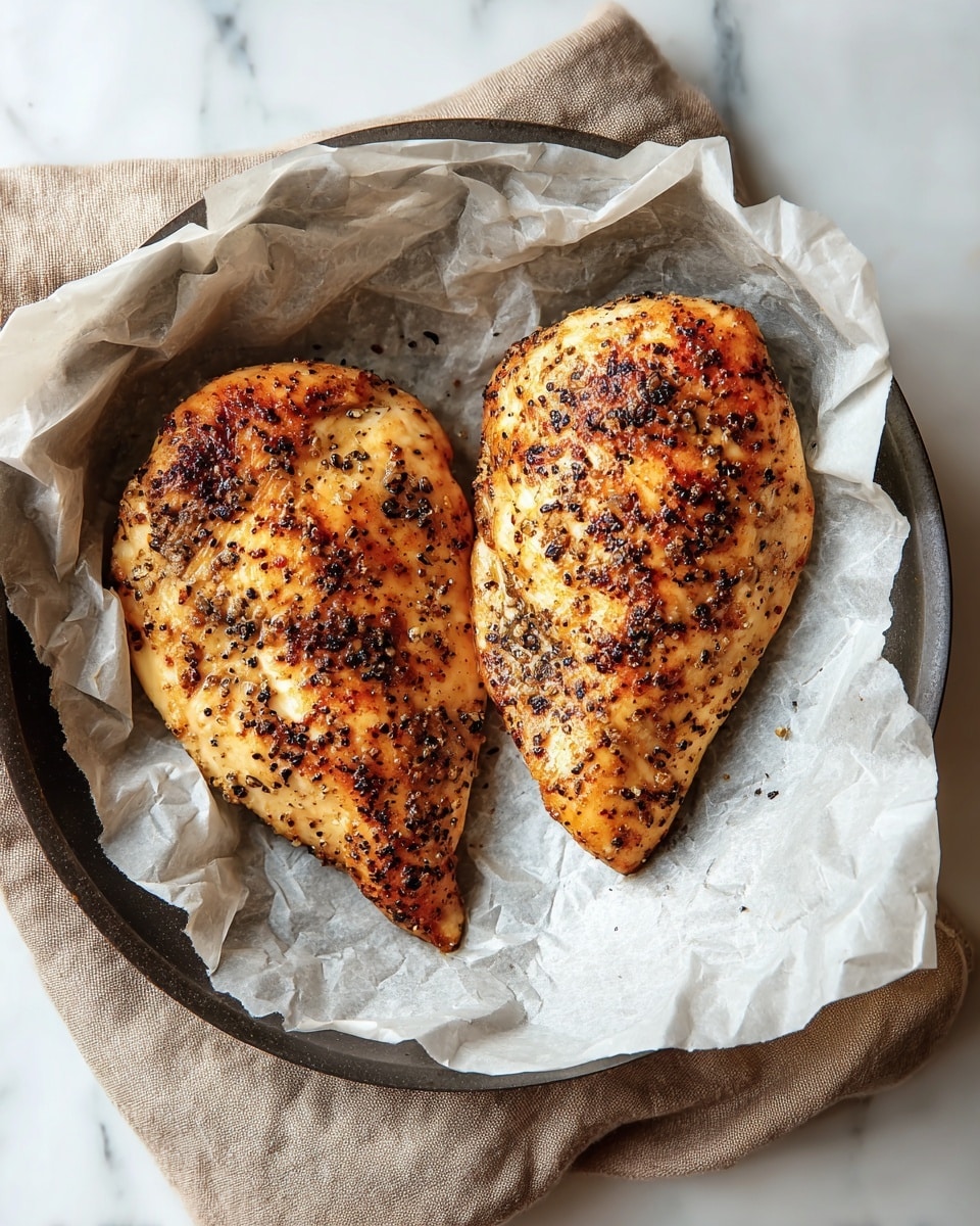 Two well-cooked chicken breasts sit on a layer of crumpled white parchment paper, inside a round black pan. The chicken breasts are golden brown with darker spots of char and black pepper, showing a crispy texture on top. The pan rests on a light brown cloth, all placed on a white marbled surface. photo taken with an iphone --ar 4:5 --v 7