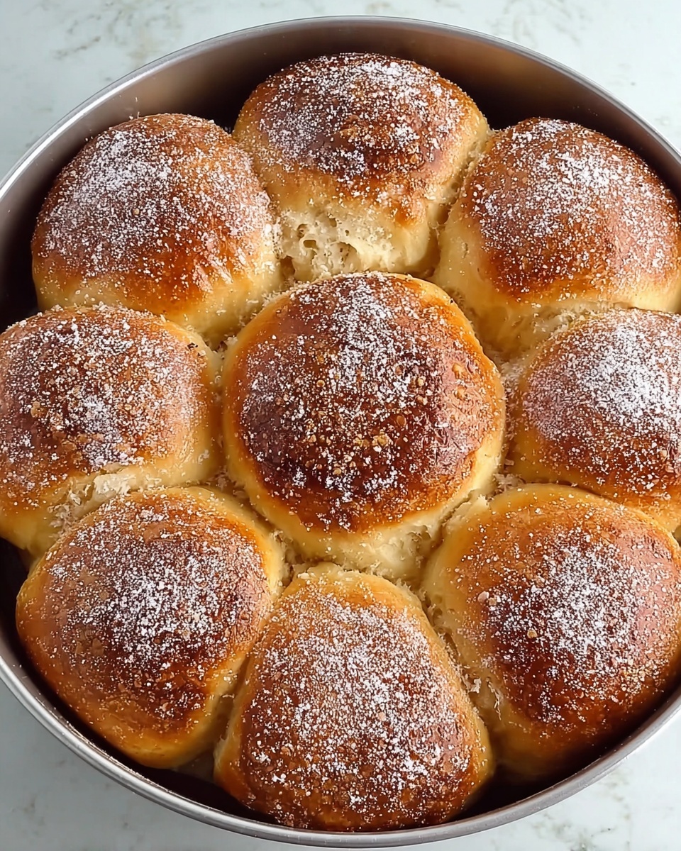 The image shows a round pan filled with ten golden-brown baked buns, arranged closely together with one in the center and the others around it. Each bun is fluffy with a soft texture and has a shiny crust sprinkled with a light layer of white sugar, giving a sparkly look. The buns have slightly varied shades of golden brown on the top, with some areas looking a bit darker and caramelized. The pan is white with some slight baking marks visible near the edge, and the background is a white marbled surface. photo taken with an iphone --ar 4:5 --v 7