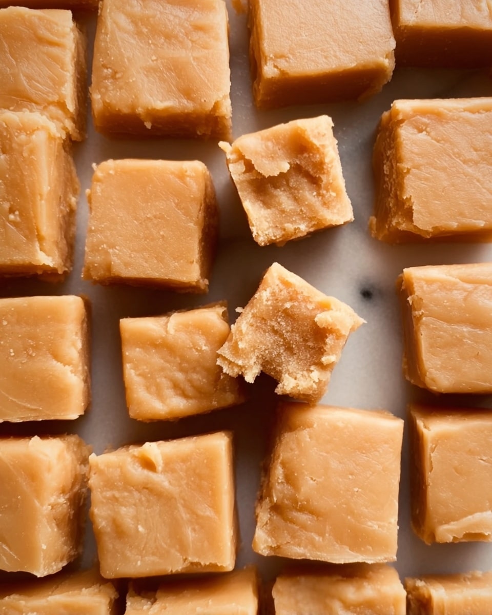 The image shows many small square pieces of caramel fudge arranged closely together on a white marbled surface. The fudge has a smooth, slightly cracked top with a light brown color. Some pieces are turned slightly or broken, revealing a soft, crumbly texture inside. The squares are uniform in size but have natural unevenness in the surface texture, giving a homemade look. photo taken with an iphone --ar 4:5 --v 7