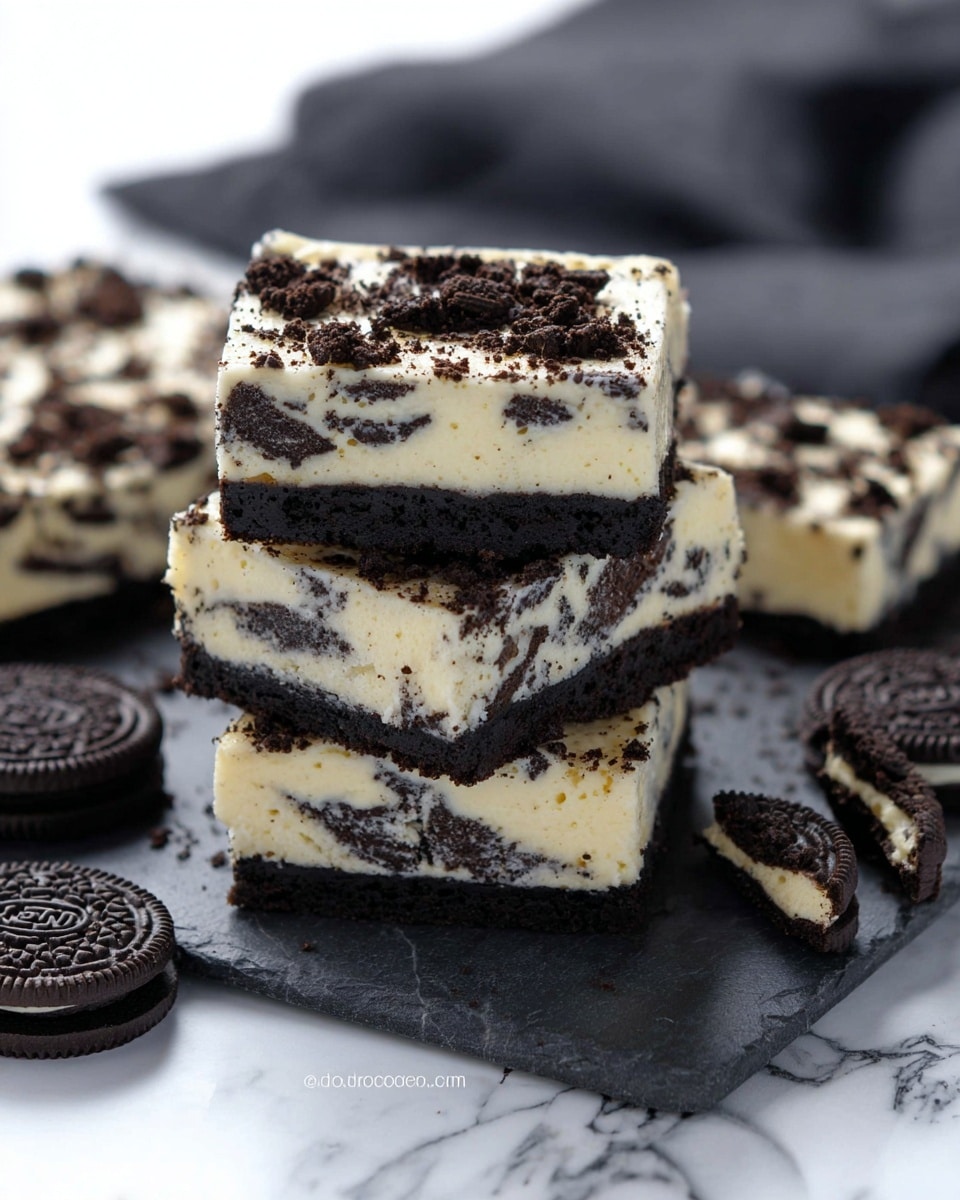 The image shows a stack of three square Oreo cheesecake bars. Each bar has three layers: a bottom dark chocolate cookie crust, a middle creamy white cheesecake layer with dark Oreo cookie bits mixed in, and a top layer of cheesecake covered with larger Oreo cookie pieces. The bars are placed on a dark slate board resting on a white marbled surface. Around the stack are whole Oreo cookies, one split to show the white filling inside, with a dark gray cloth blurred in the background. The cheesecake layers have a smooth and thick texture with visible cookie crumbs throughout, and the top layer looks slightly crumbly with chunkier cookie pieces scattered on it. photo taken with an iphone --ar 4:5 --v 7