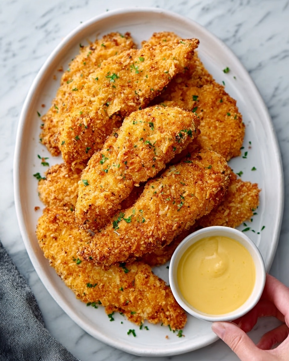 The image shows a white oval plate with five golden-brown crispy chicken tenders arranged neatly, their crunchy texture clear and slightly rough. In the middle of the plate, there is a small round white bowl filled with smooth, light orange dipping sauce. The chicken tenders have some small green herb pieces sprinkled on top for color contrast, and the plate rests on a white marbled surface with a gray-striped cloth napkin visible on the right side. photo taken with an iphone --ar 4:5 --v 7
