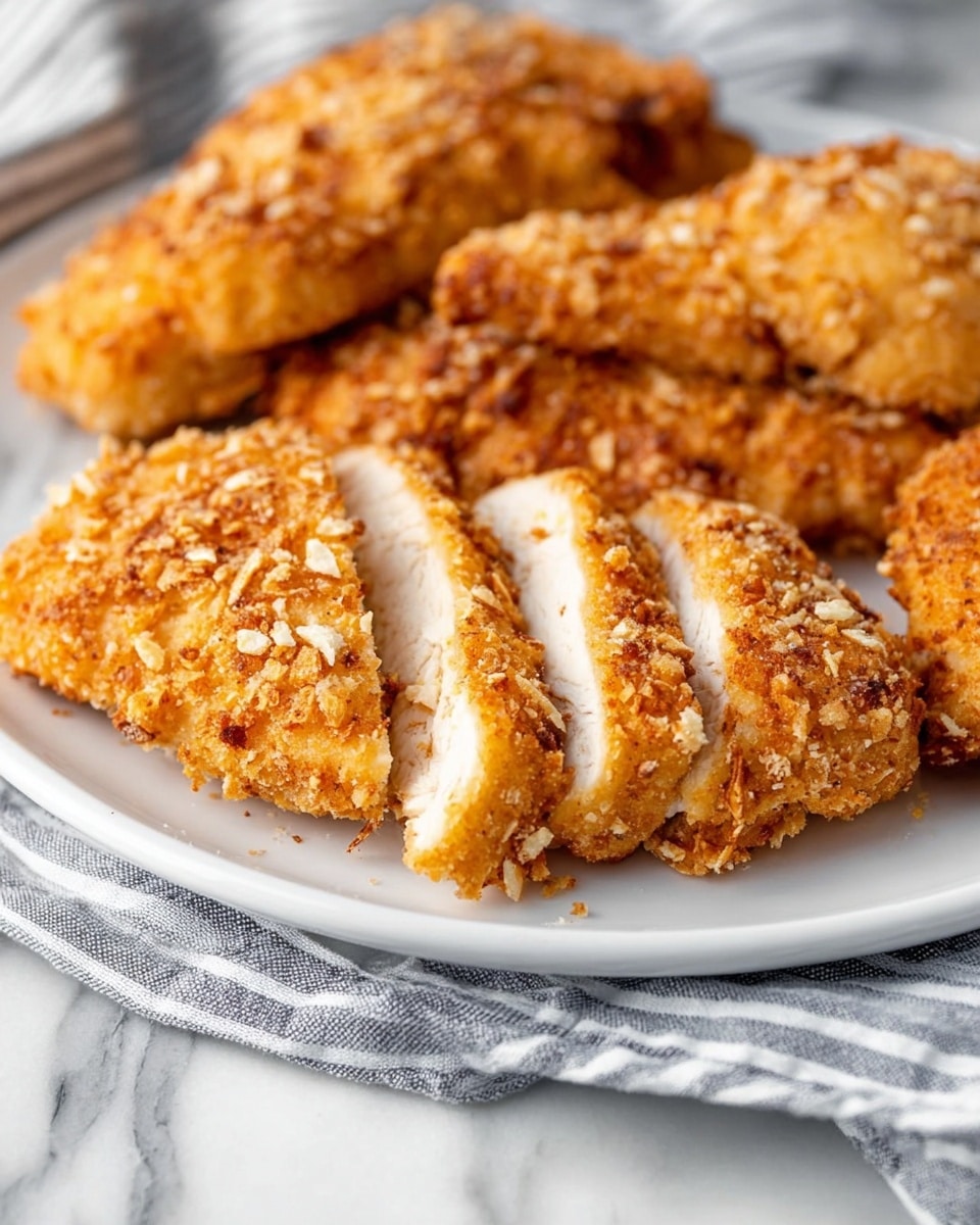 A white plate filled with golden brown crispy chicken pieces, one chicken piece is sliced into five thick pieces showing the white tender interior, all coated in crunchy crumb topping with small crumbs scattered around the plate; some round beige crackers are partially visible on the side, the plate rests on a white marbled surface with a gray and white striped cloth nearby. photo taken with an iphone --ar 4:5 --v 7