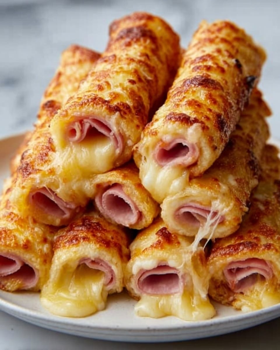 The image shows six golden-brown rolled toast tubes filled with layers of pink ham and melted yellow cheese peeking out from each end. The toast outer layer is crispy and slightly browned with a soft, cheesy texture inside. The rolls are neatly stacked on a white plate arranged closely together, and the melted cheese oozes gently from the edges. The plate sits on a white marbled surface. photo taken with an iphone --ar 4:5 --v 7