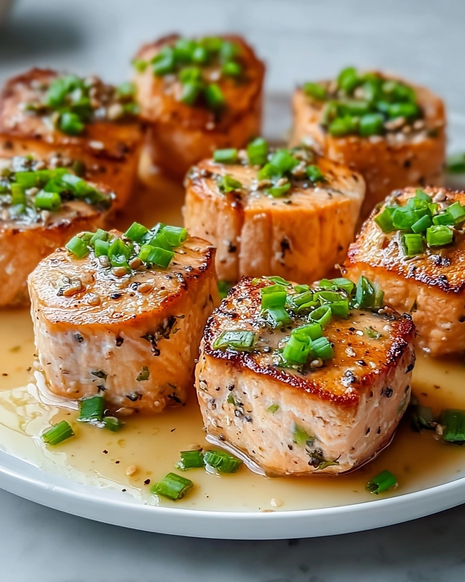 A white plate holds several thick, round pieces of cooked salmon, each piece showing a golden-brown sear on top with a slightly crispy texture. The salmon layers are a light pink with flecks of black pepper and green herbs inside, giving a fresh look. On top of each piece and scattered around the plate are small bright green chopped spring onions. A light, glossy sauce pools around the salmon on the plate, adding a shiny layer to the dish. The plate is set on a white marbled texture surface. photo taken with an iphone --ar 4:5 --v 7