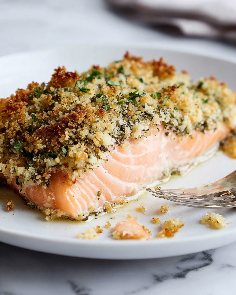 The dish shows a close-up of a salmon fillet with two main layers: the bottom layer is a thick, moist, light pink salmon piece with visible texture lines, and the top layer is a crumbly, golden-brown herb crust mixed with small green bits, giving a crispy look to the top. The salmon rests on a white plate, which is placed on a white marbled surface. There are some scattered crumbs around the fish, adding a natural, casual feel. A silver fork is partially visible near the plate's edge. photo taken with an iphone --ar 4:5 --v 7