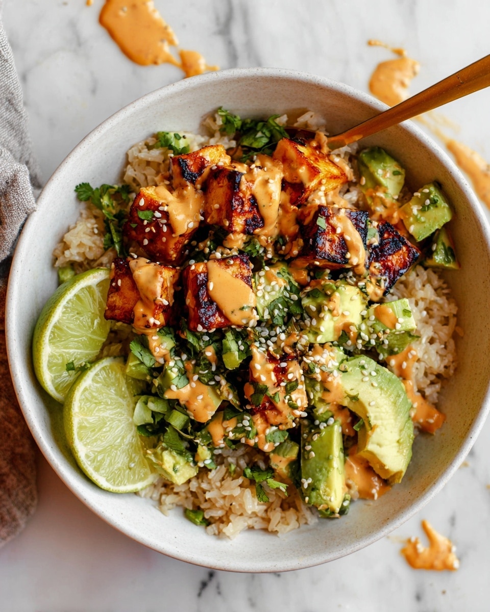 The image shows a white bowl filled with a layered dish starting with a base of light brown rice with a slightly fluffy texture. On top, there are chunks of golden-brown grilled tofu with charred edges, covered in a creamy orange sauce. Scattered among the tofu are small pieces of diced green avocado and fresh green herbs, likely cilantro, adding a fresh touch. White sesame seeds are sprinkled over the entire dish. On the side inside the bowl are three slices of bright green lime. A gold spoon rests inside the bowl on the right side. The bowl is placed on a white marbled surface with some orange sauce droplets around it. photo taken with an iphone --ar 4:5 --v 7