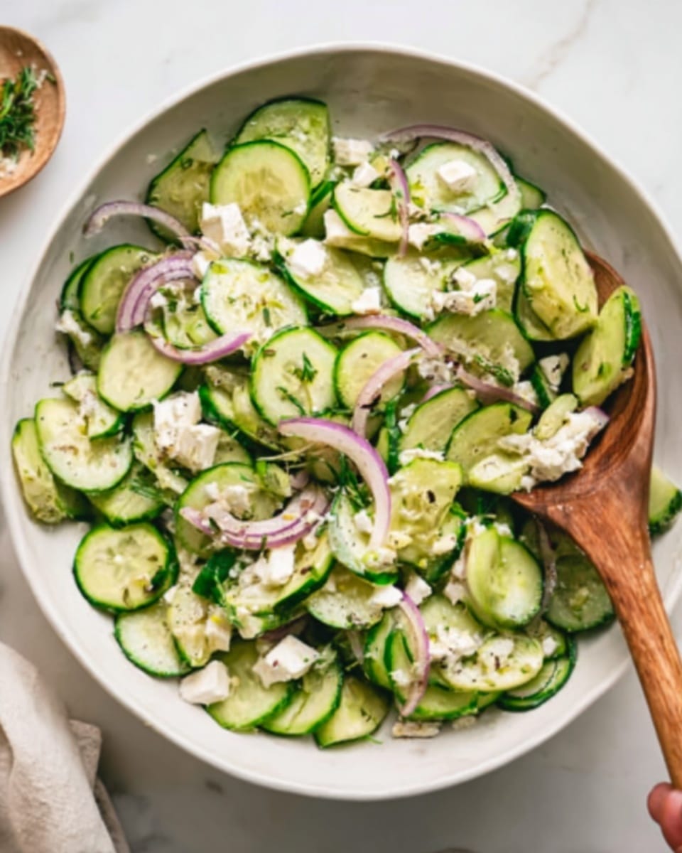 A white bowl filled with a fresh salad showing three main layers: bright green cucumber slices with smooth skin and pale green centers scattered throughout, thin strips of light purple-red onion mixed in, and small white chunks of crumbly feta cheese spread on the top layer. There are small sprigs of fresh dill adding green accents across the salad. Two wooden spoons with light brown handles rest inside the bowl, one on the left side and one near the bottom right. The bowl sits on a white marbled surface, surrounded by small bowls with coarse salt-black pepper mix, sliced red onions, and feta cheese, along with garlic cloves, lemon slices, and some green herbs for decoration. photo taken with an iphone --ar 4:5 --v 7