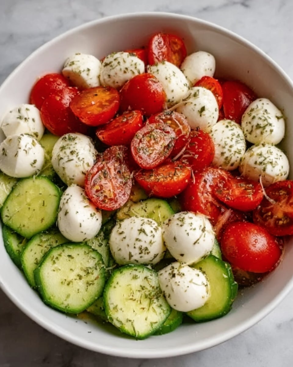 The image shows a white bowl filled with a fresh salad on a white marbled surface. The salad has three main layers: the bottom layer is made of bright red halved cherry tomatoes, the middle layer has light green cucumber slices with a smooth texture, and the top layer is full of white small mozzarella balls, all sprinkled with black pepper and dried herbs. The colors are vibrant and the textures look fresh and juicy. photo taken with an iphone --ar 4:5 --v 7