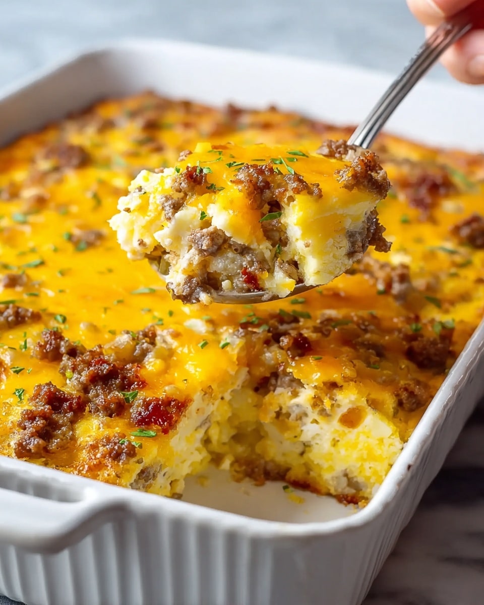 A white rectangular baking dish filled with a layered casserole; the top layer is melted, golden yellow cheddar cheese with browned crispy spots, beneath it are chunks of browned sausage, fluffy yellow scrambled eggs, and bits of white cauliflower mixed with green herbs, all held together in a soft, moist texture. A silver spoon lifts a portion from the dish, showing all layers close-up with a mix of melted cheese, sausage, eggs, and cauliflower. The background features a slightly blurred book resting on a white marbled surface. Photo taken with an iphone --ar 4:5 --v 7