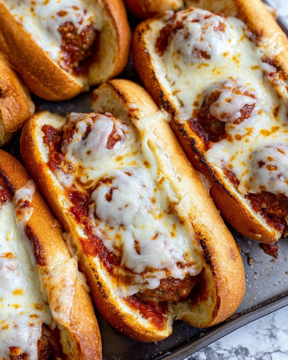 The image shows six baked meatball subs placed close together on a dark textured tray. Each sub has a lightly browned, soft white bun split open and filled with several round, dark brown meatballs covered with a rich, chunky red tomato sauce. A thick layer of melted mozzarella cheese, golden and bubbly with browned spots, covers the top of the meatballs and sauce, spilling slightly over the edges of the buns. The subs have a slightly toasted look on the buns' edges and cheese, creating a warm and appetizing texture. photo taken with an iphone --ar 4:5 --v 7