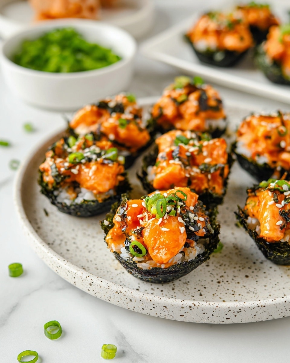The dish shows eight small bite-sized cups placed on a large white plate. Each cup has a dark green, crunchy seaweed shell as the base. Inside the seaweed cup, there is a layer of white rice, topped with chunks of cooked salmon that are golden brown. On top of the salmon, a bright orange sauce is drizzled, giving a smooth and creamy texture. The dish is finished with small bits of chopped green onions and white sesame seeds sprinkled on top, adding color and texture. The plate sits on a white marbled surface with scattered green onion pieces around it. Photo taken with an iphone --ar 4:5 --v 7
