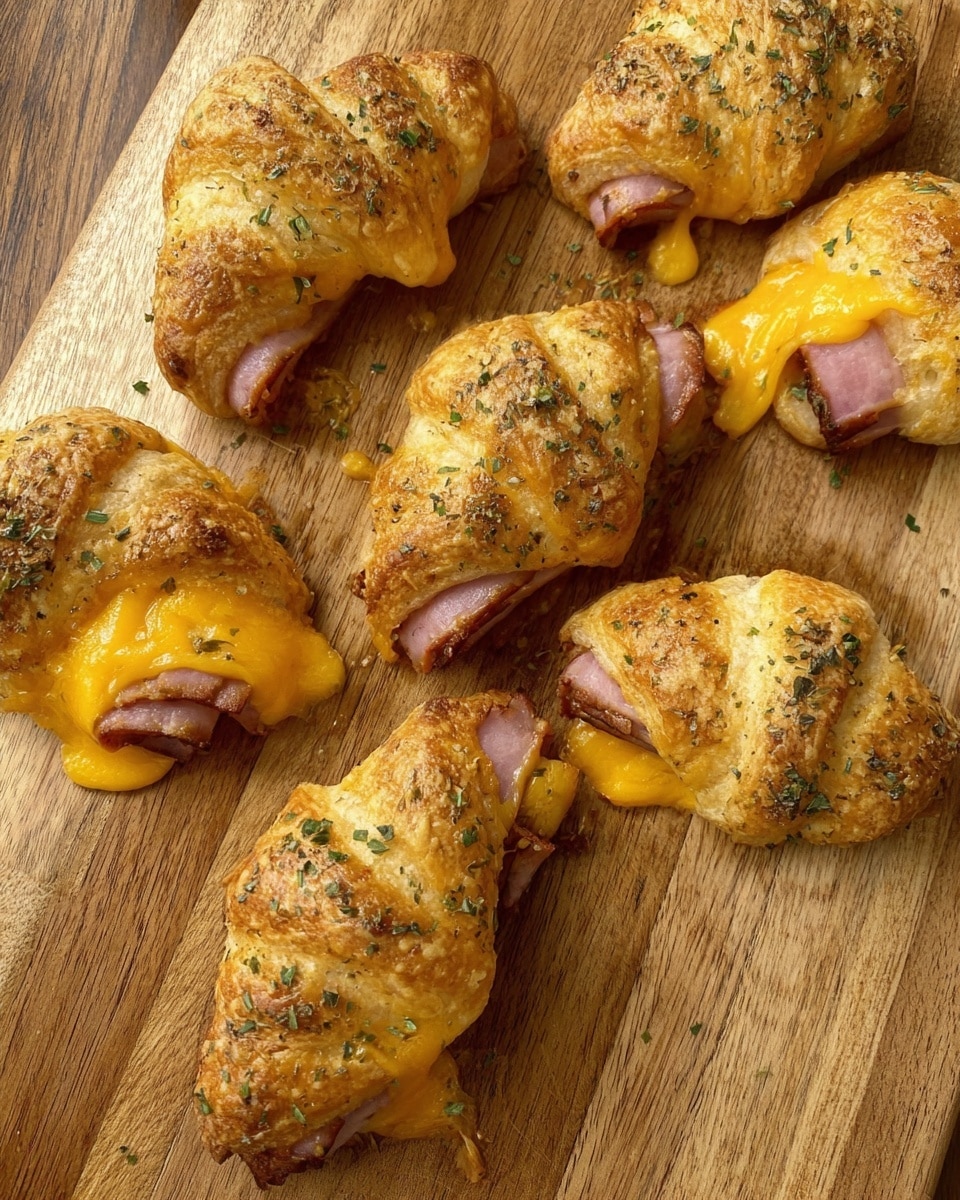 The image shows six golden-brown crescent rolls arranged on a wooden board. Each crescent roll is baked with a slightly crispy, flaky outer layer that is sprinkled with dried green herbs. The rolls are filled with melted orange-yellow cheese that oozes out slightly around the edges and slices of browned sausage or ham that peek out from the sides. The texture of the bread looks soft inside with a well-baked crust, and the overall appearance is warm and inviting. The background is a white marbled surface. photo taken with an iphone --ar 4:5 --v 7