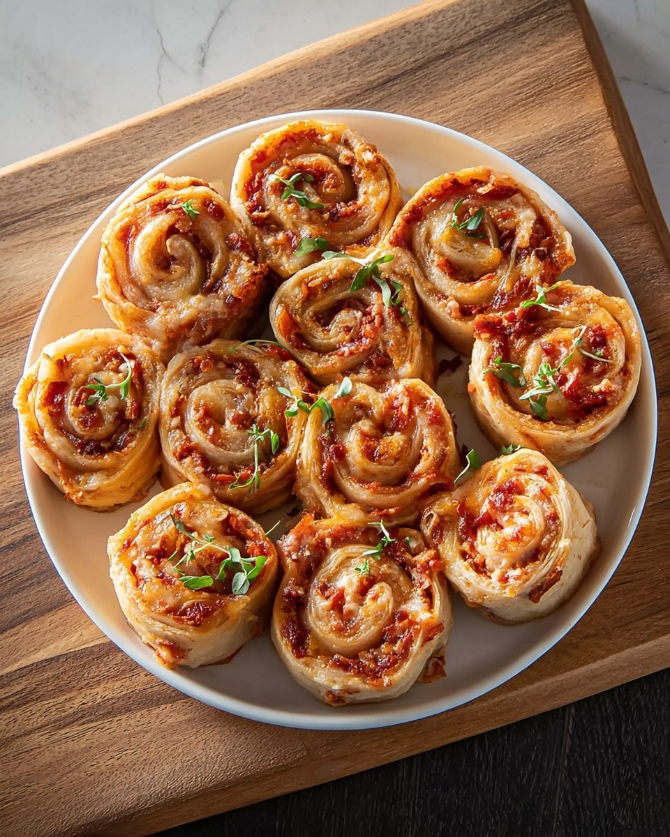 A grey round plate on a white marbled surface holds eleven pizza roll-ups arranged closely together. Each roll-up has a golden-brown outer layer with a soft, slightly crispy texture. Inside, visible swirls of melted cheese and reddish tomato sauce create a spiral pattern with hints of herbs scattered on top. Small fresh green herb leaves garnish each roll, adding a touch of color contrast. The plate rests on a light wooden board. photo taken with an iphone --ar 4:5 --v 7