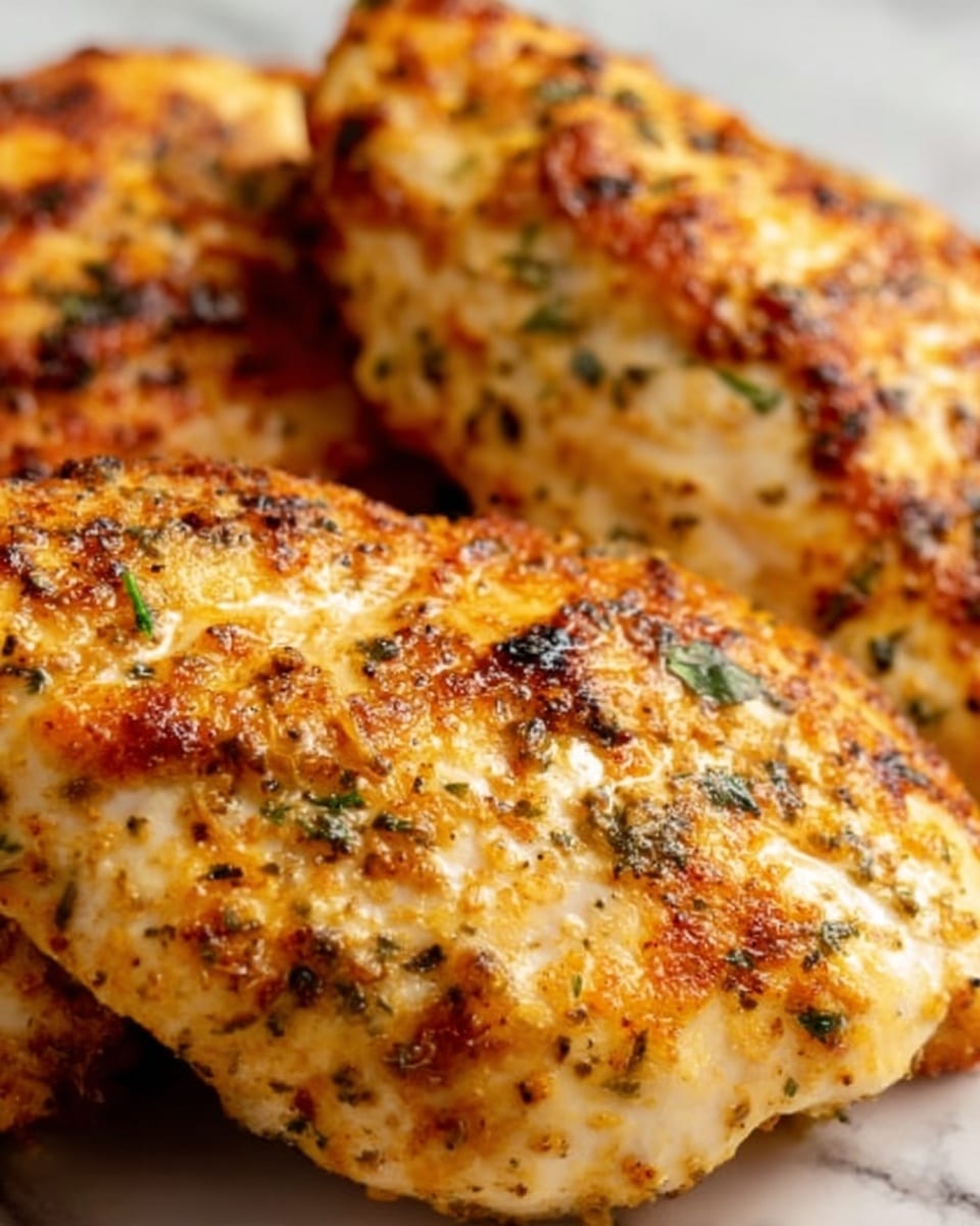 The image shows three pieces of cooked chicken breast with a golden-brown crust on top. The chicken is slightly textured with small crunchy bits and sprinkled with fine green herbs, giving a fresh look. The pieces are placed close together on a white plate, with the surface beneath the plate being a white marbled texture. The chicken looks juicy and well-cooked, with the browned top layer showing a mix of light yellow and brown shades. photo taken with an iphone --ar 4:5 --v 7