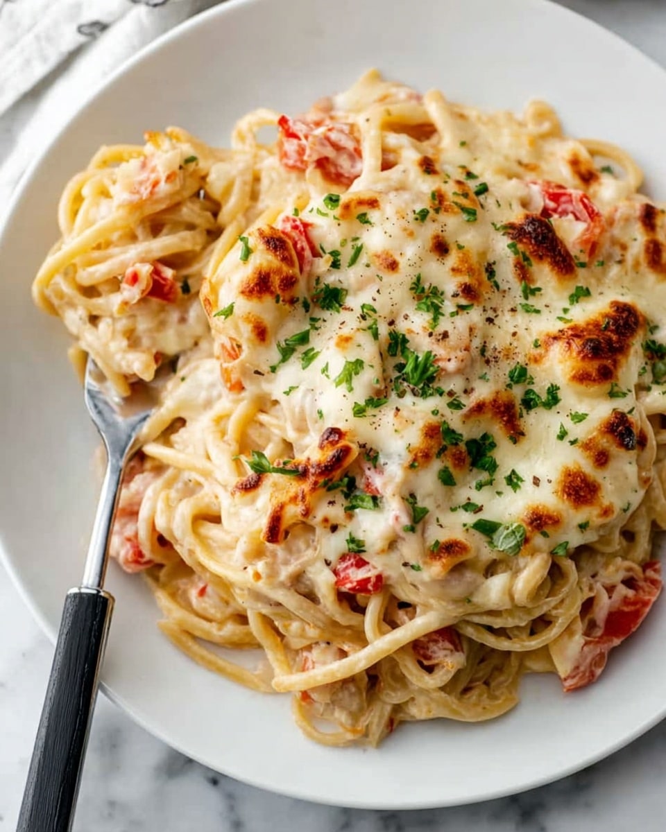A white plate holds a creamy pasta dish with visible layers: at the base, long creamy spaghetti noodles mixed with small pieces of reddish tomato and light chunks of chicken, all coated in a thick white sauce; on top, a layer of melted white cheese browned in places, creating a bubbly texture; scattered green parsley flakes add color contrast, with a few red chili flakes sprinkled on the cheese. A silver fork with a black handle is placed on the edge of the plate, resting on a white marbled surface. photo taken with an iphone --ar 4:5 --v 7