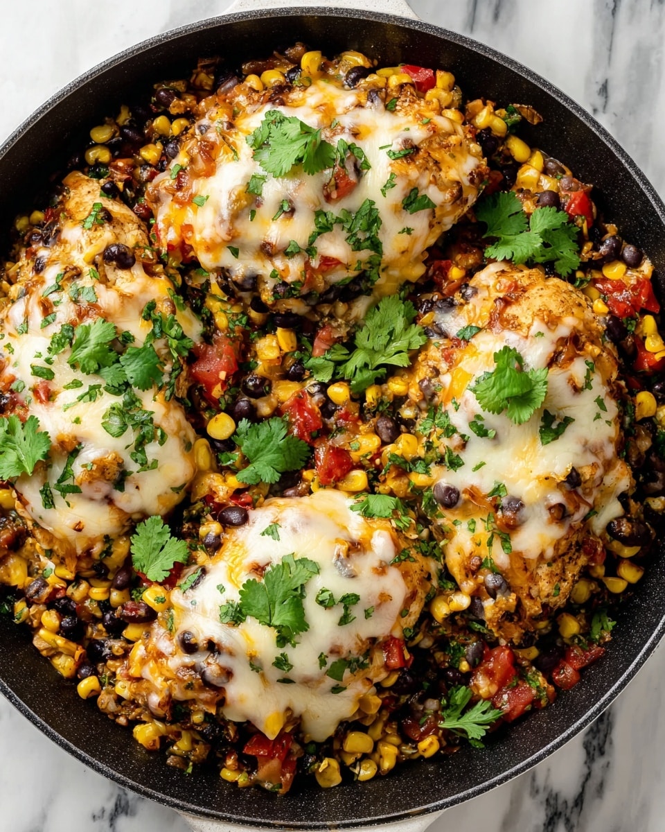 The image shows a skillet filled with four pieces of chicken breasts covered in melted white and yellow cheese. The chicken is topped and surrounded by a mix of black beans, bright yellow corn, and small bits of red tomatoes, all mixed together to create a colorful and textured surface. Fresh green cilantro leaves are sprinkled generously on top, adding a vibrant contrast to the creamy cheese and colorful vegetables. The skillet is resting on a white marbled surface, highlighting the dish's warm and inviting colors. photo taken with an iphone --ar 4:5 --v 7