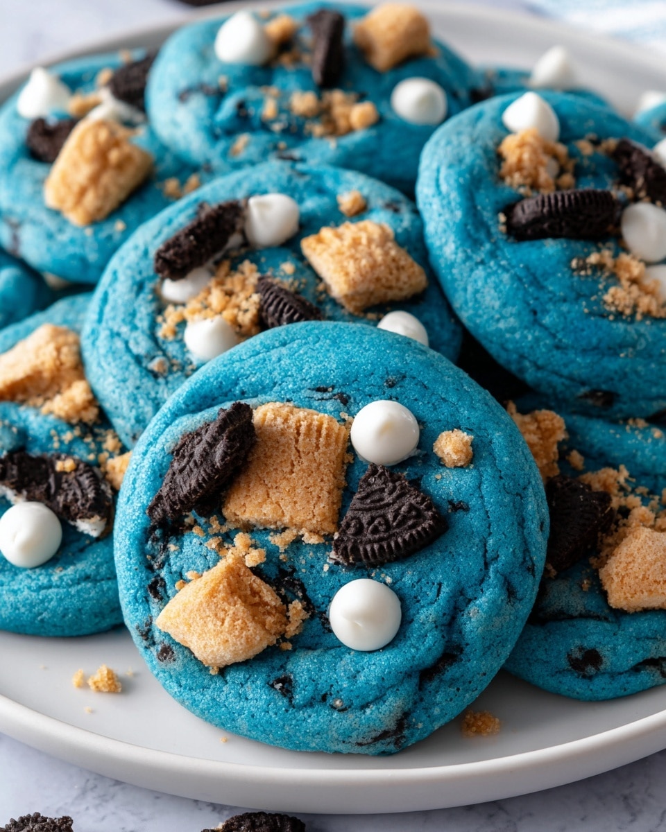The image shows bright blue cookies arranged on a white plate set on a white marbled surface. Each cookie is thick and soft-looking, topped with three main layers of toppings: small white chocolate chips with a smooth, shiny texture, golden brown cookie chunks that appear crunchy, and broken pieces of dark chocolate sandwich cookies with a rough texture. The blue cookie dough base is visible beneath the toppings, with its dense yet soft texture and vibrant color making the toppings stand out clearly. Photo taken with an iphone --ar 4:5 --v 7
