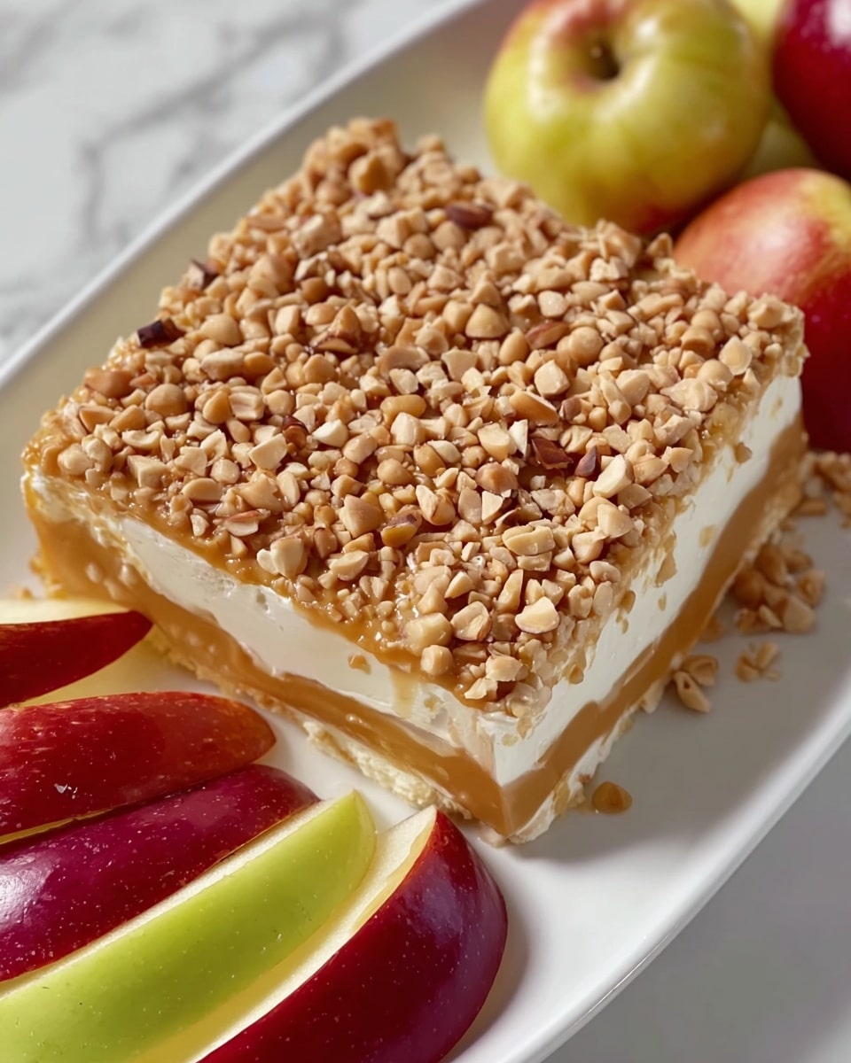A square dessert on a white plate with a base layer of smooth white cream, topped with a thick layer of golden caramel sauce, and covered generously with small pieces of chopped light brown nuts. On one side of the plate, there are green and red apple slices arranged neatly along the edge. The dessert and fruit rest on a white marbled surface. Photo taken with an iphone --ar 4:5 --v 7