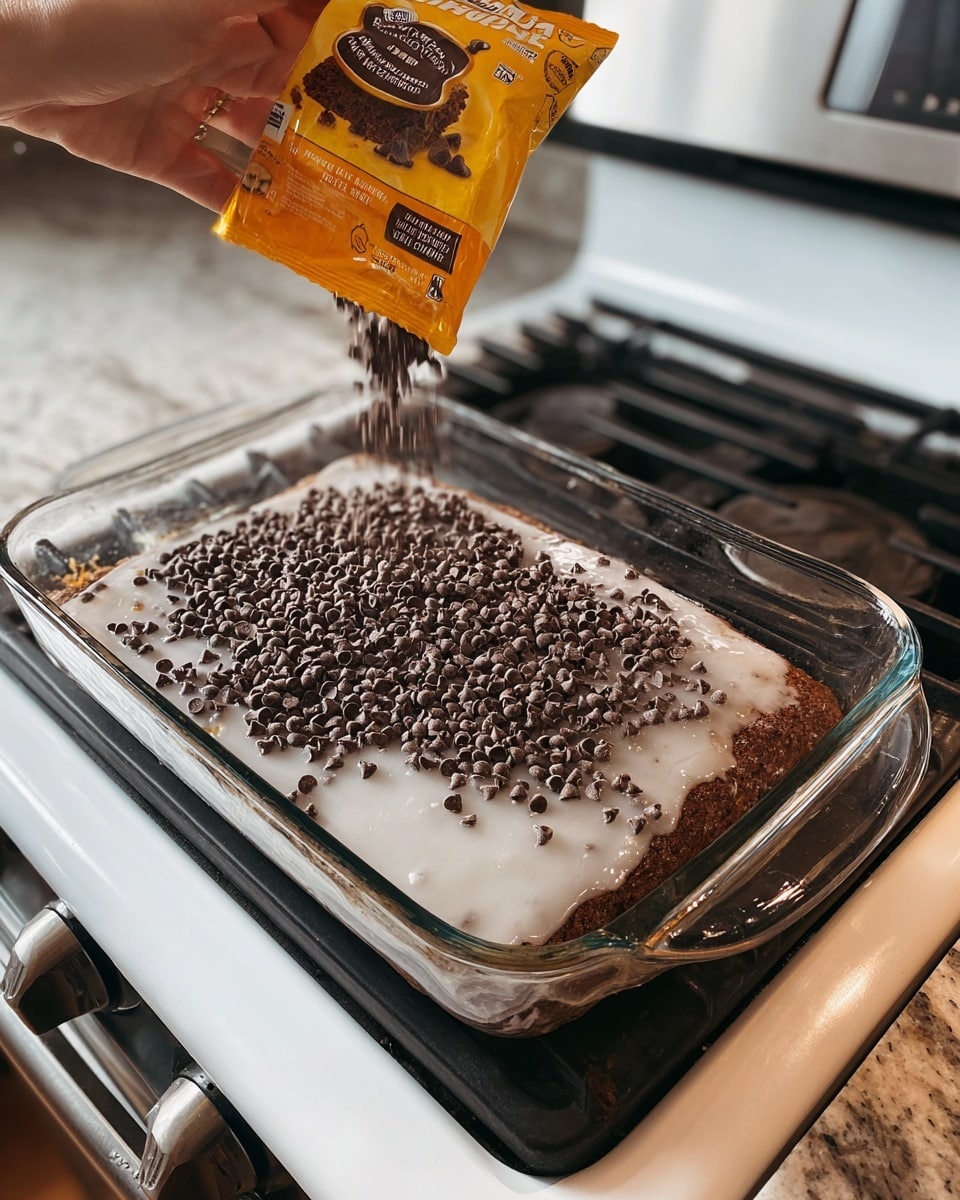 A clear glass baking dish filled with a baked chocolate cake layer covered with a glossy, light milk glaze dripping down its slightly rough texture, while a woman's hand is pouring small dark brown chocolate chips over the top from a yellow bag; the dish sits on a white marbled stove top near black electric burners, and the chocolate chips create a scattered, uneven pattern on the glossy glaze photo taken with an iphone --ar 4:5 --v 7