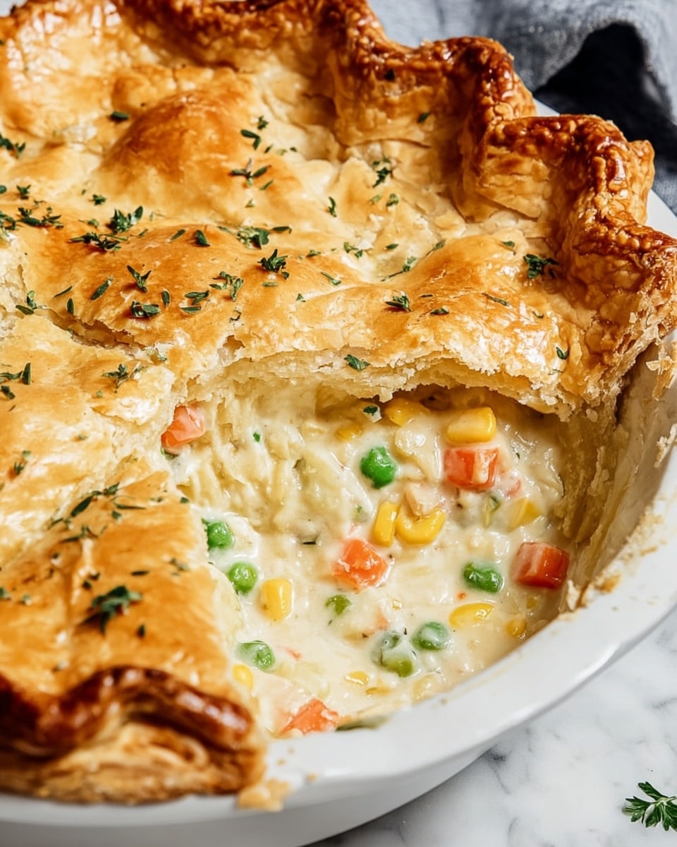 A golden brown pie with a flaky, shiny top crust that has irregular edges, slightly puffed and baked to a light crisp. The crust is partly lifted to show a creamy white filling mixed with chunks of orange carrots, bright green peas, and small pieces of yellow corn. The pie is in a white round dish, with chopped green herbs sprinkled on top of the crust. The background is a white marbled texture with hints of dark fabric near the edge of the dish. photo taken with an iphone --ar 4:5 --v 7