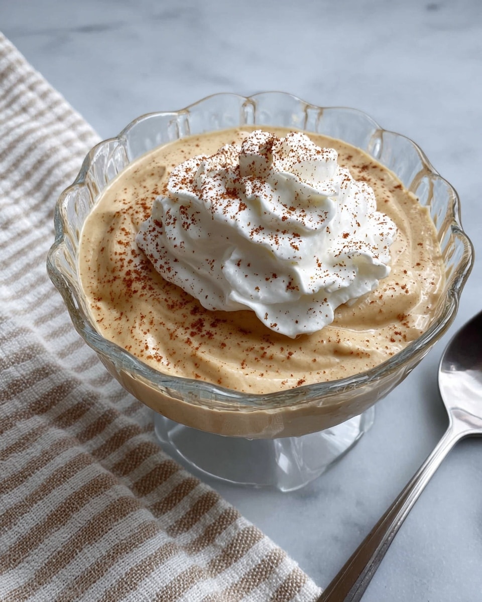 A clear glass bowl with scalloped edges holds a creamy light brown mousse dessert as the base layer, smooth with a few swirls. On top is a medium-sized dollop of white whipped cream, soft and fluffy, sprinkled lightly with fine brown cinnamon powder. The bowl sits on a white marbled surface next to a silver spoon, and part of a beige and white striped towel is nearby. photo taken with an iphone --ar 4:5 --v 7