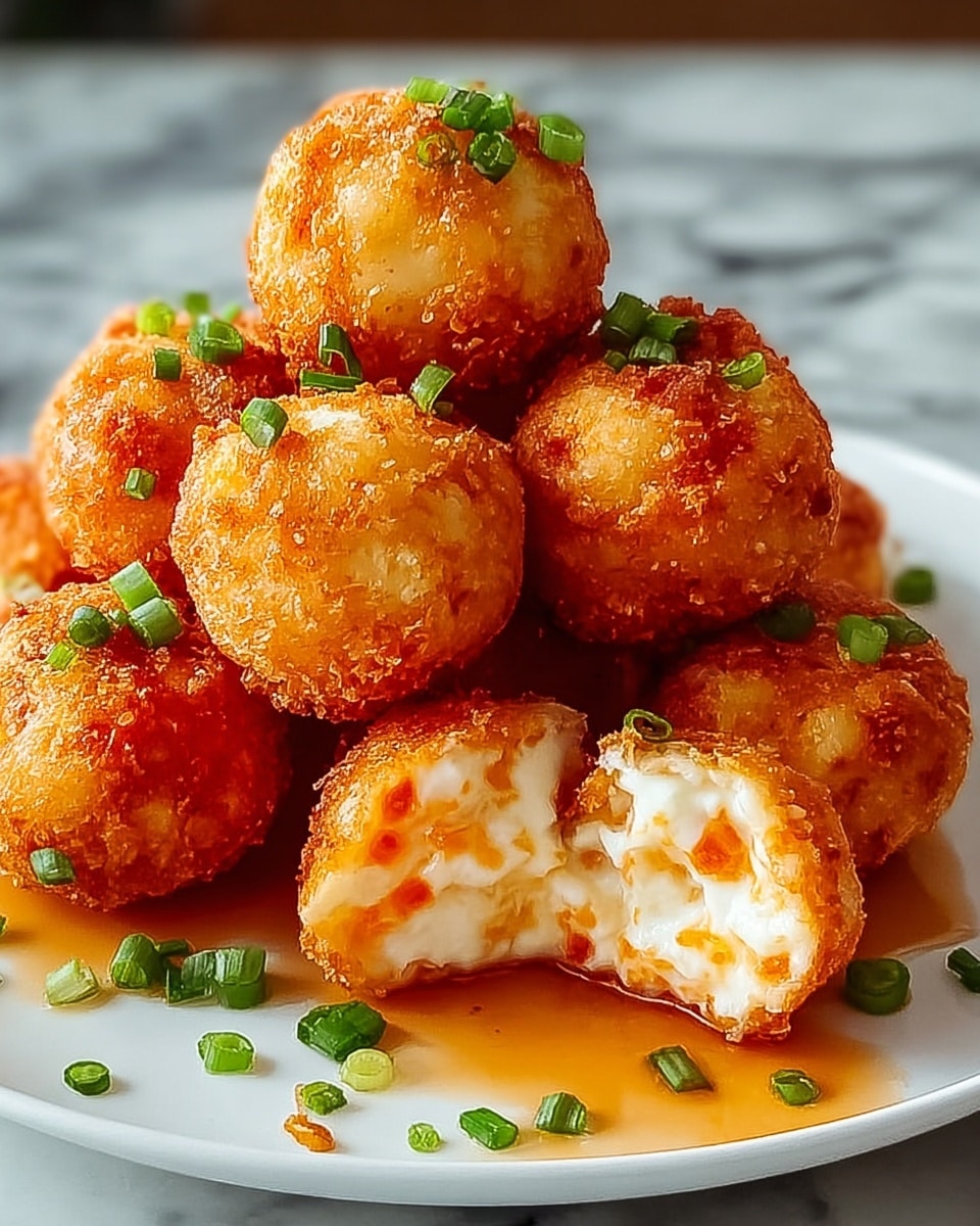 A white plate holds a stack of golden brown, crispy fried balls with a crunchy texture on the outside, arranged in a slightly pyramid shape; one ball is bitten to show a soft, creamy white filling with small orange bits inside. Bright green chopped scallions are sprinkled over the top and around the plate, and a small pool of amber-colored sauce is visible under the balls. The background features a white marbled texture. photo taken with an iphone --ar 4:5 --v 7