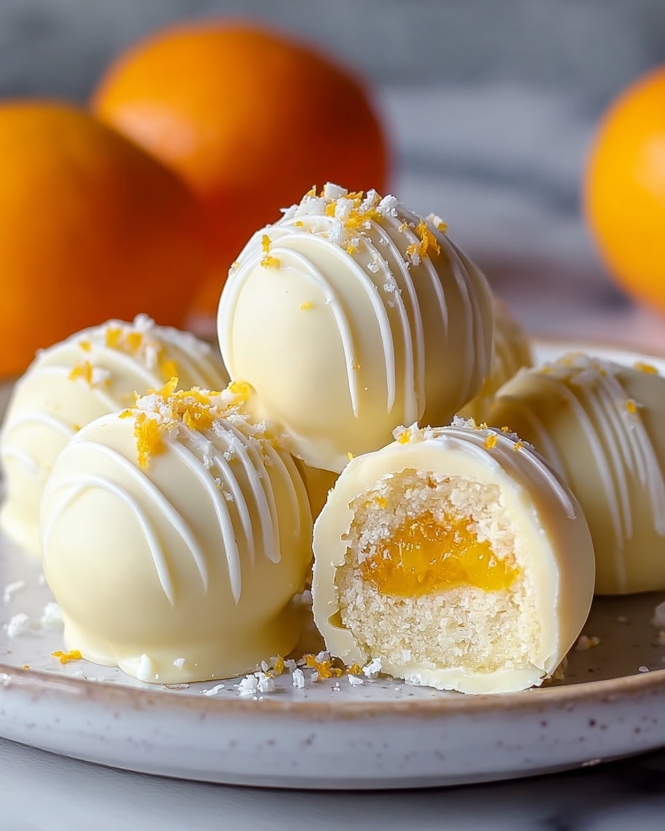 The image shows six white chocolate truffles placed on a white plate with a white marbled texture underneath. Each truffle has a smooth white chocolate shell with delicate white drizzle lines and is sprinkled with small white sugar crystals and tiny orange zest pieces on top. One truffle is cut open, revealing three layers: a creamy white outer chocolate shell, a soft white inner filling with a slightly grainy texture, and a bright orange jelly-like center. In the background, there are blurred whole orange fruits that add a pop of warm color. photo taken with an iphone --ar 4:5 --v 7