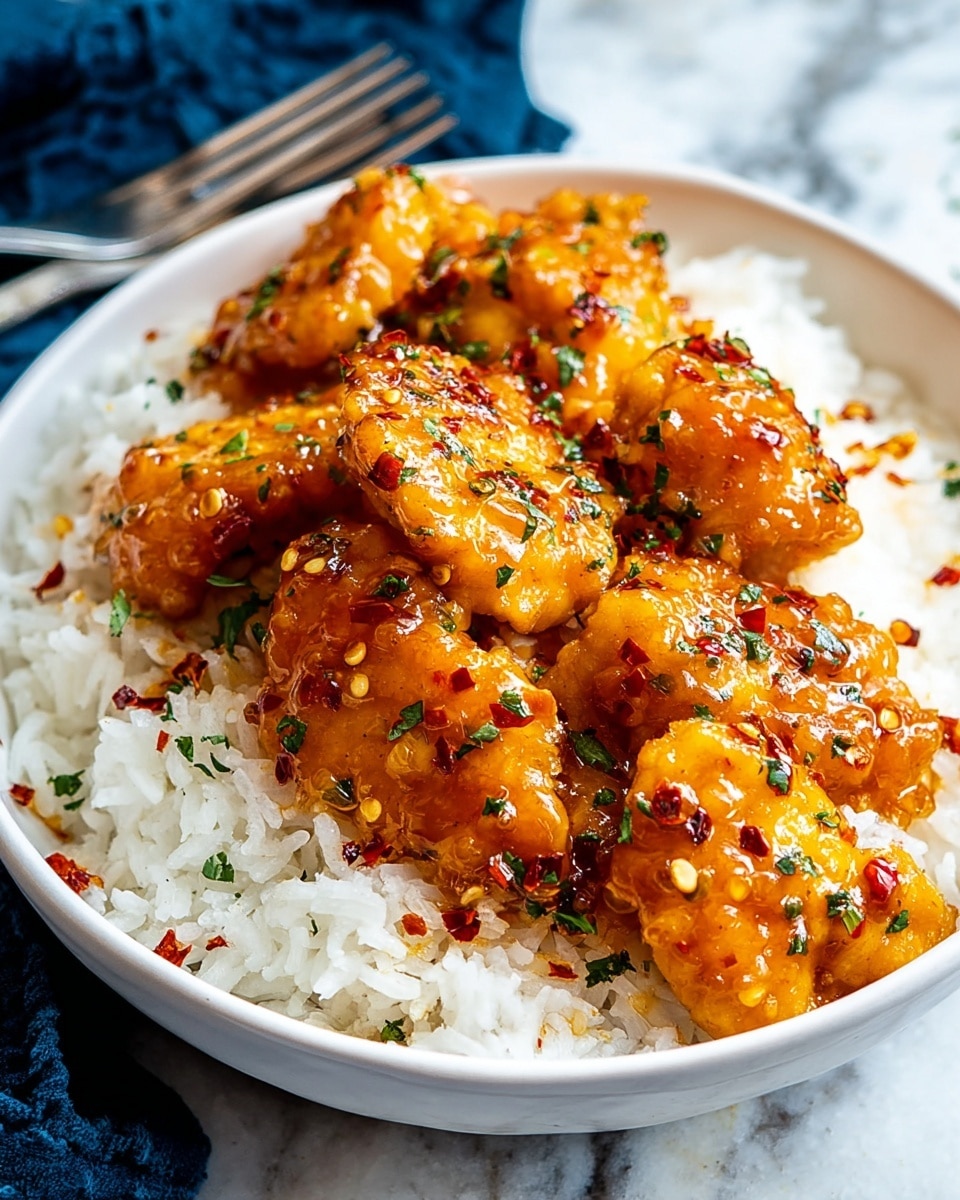 A close-up view shows a dish with two main layers: the bottom layer is fluffy white rice with soft, separate grains, while the top layer consists of glazed chicken pieces that are golden brown and shiny with a sticky sauce. The chicken is sprinkled with small pieces of bright green chopped herbs and red chili flakes, which add pops of color and texture across the surface. The glossy sauce on the chicken gives a slightly thick, smooth look and the whole dish sits on a surface with a white marbled texture. photo taken with an iphone --ar 4:5 --v 7