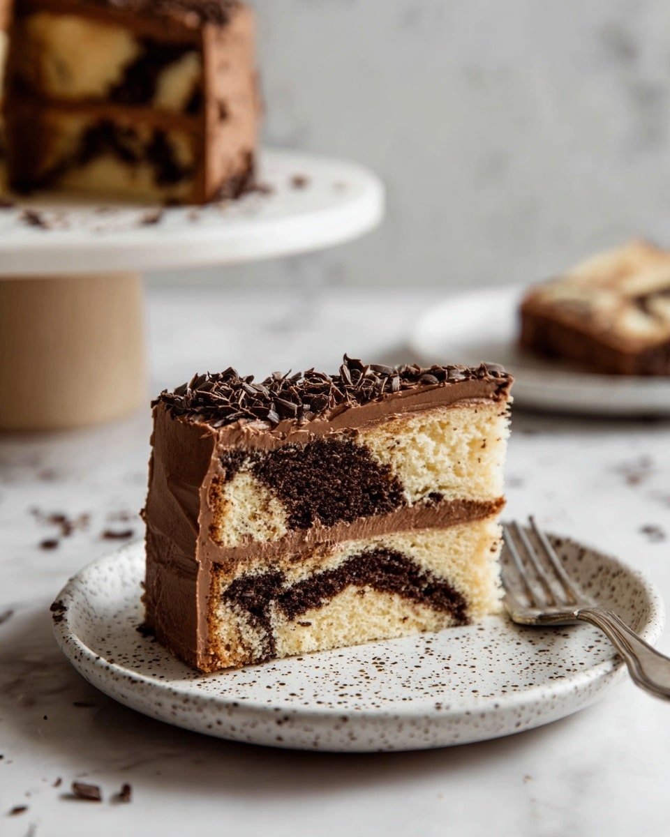 A slice of marble cake with two layers is shown on a white speckled plate with a small fork next to it. The cake layers are a mix of light yellow and dark brown swirled together, creating a marbled effect inside. Between the two cake layers is a thin layer of smooth chocolate frosting, which also covers the outside of the cake evenly. Small dark chocolate shavings are scattered on top. The background shows another piece of the same cake, slightly blurred, on a white speckled cake stand, all placed on a white marbled surface. Photo taken with an iphone --ar 4:5 --v 7