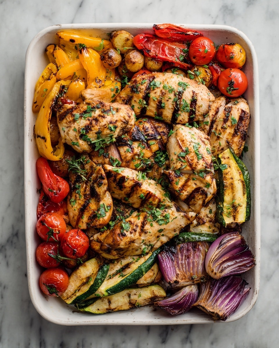 The image shows a white tray filled with grilled chicken and colorful roasted vegetables. The top layer consists of juicy, golden-brown chicken pieces with visible grill marks and bits of fresh green herbs sprinkled on top. Surrounding the chicken are roasted cherry tomatoes in red, yellow bell pepper slices, purple onion wedges, and green zucchini pieces, all charred slightly and glistening with oil. The textures range from the tender, well-seasoned chicken to the soft, caramelized vegetables. The tray is placed on a white marbled surface. Photo taken with an iphone --ar 4:5 --v 7