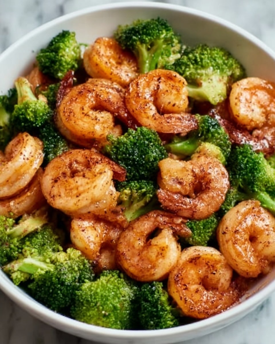 A close-up view of a white bowl filled with a mix of cooked shrimp, broccoli, and small browned sausage pieces. The shrimp are golden-brown with a shiny, slightly oily surface and visible black pepper seasoning, curled and stacked on top in the center. Bright green broccoli florets with a slight gloss are distributed around the shrimp, providing a fresh color contrast. Scattered among the shrimp and broccoli are small, round, dark brown sausage pieces with a seared texture. The bowl sits on a white marbled surface, enhancing the colors and making the dish look fresh and warm. photo taken with an iphone --ar 4:5 --v 7
