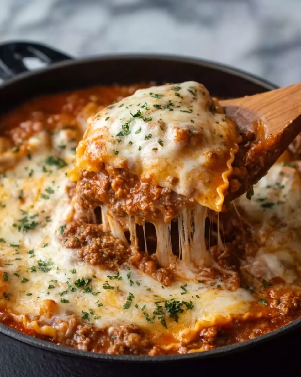 The image shows a close-up of a black pot filled with lasagna. The top layer is melted, bubbly cheese with a light golden color and small green parsley sprinkles. Underneath, there is a thick layer of rich, brownish-red meat sauce mixed with pasta sheets. A wooden spoon held by a woman's hand is lifting a portion of the lasagna, showing the creamy, melted cheese stretching slightly above the spoon. The background surface is a white marbled texture. Photo taken with an iphone --ar 4:5 --v 7