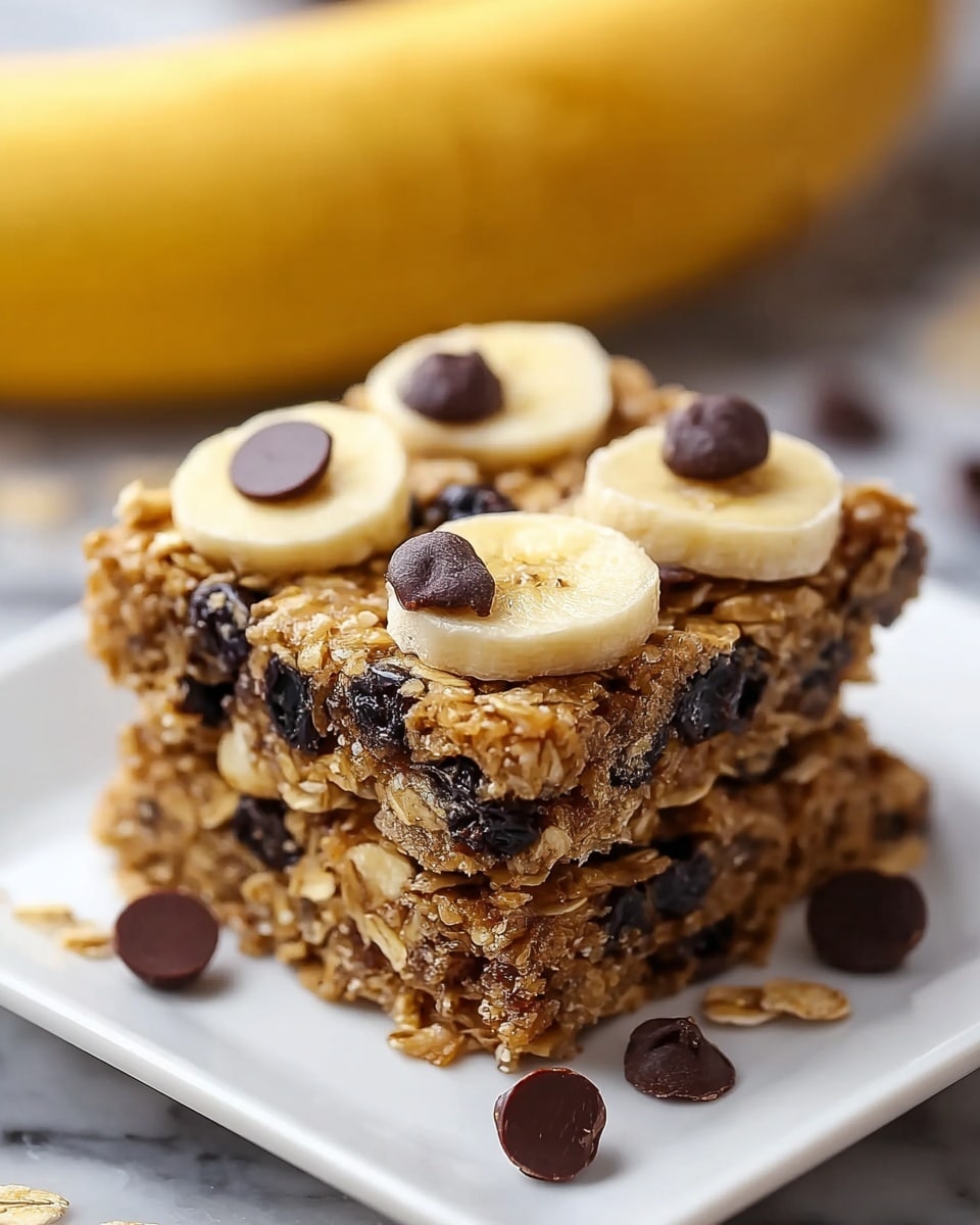 Two square oatmeal bars stacked on a white square plate, each bar showing a dense texture with visible oats mixed with dark raisins. The top bar is decorated with small round banana slices scattered across the surface, along with dark chocolate chips both on top and around the plate. The bars have a golden-brown color with the oats providing a rough texture, and the dark chocolate chips add contrast. The background has a white marbled texture with a blurred banana visible in the back. photo taken with an iphone --ar 4:5 --v 7