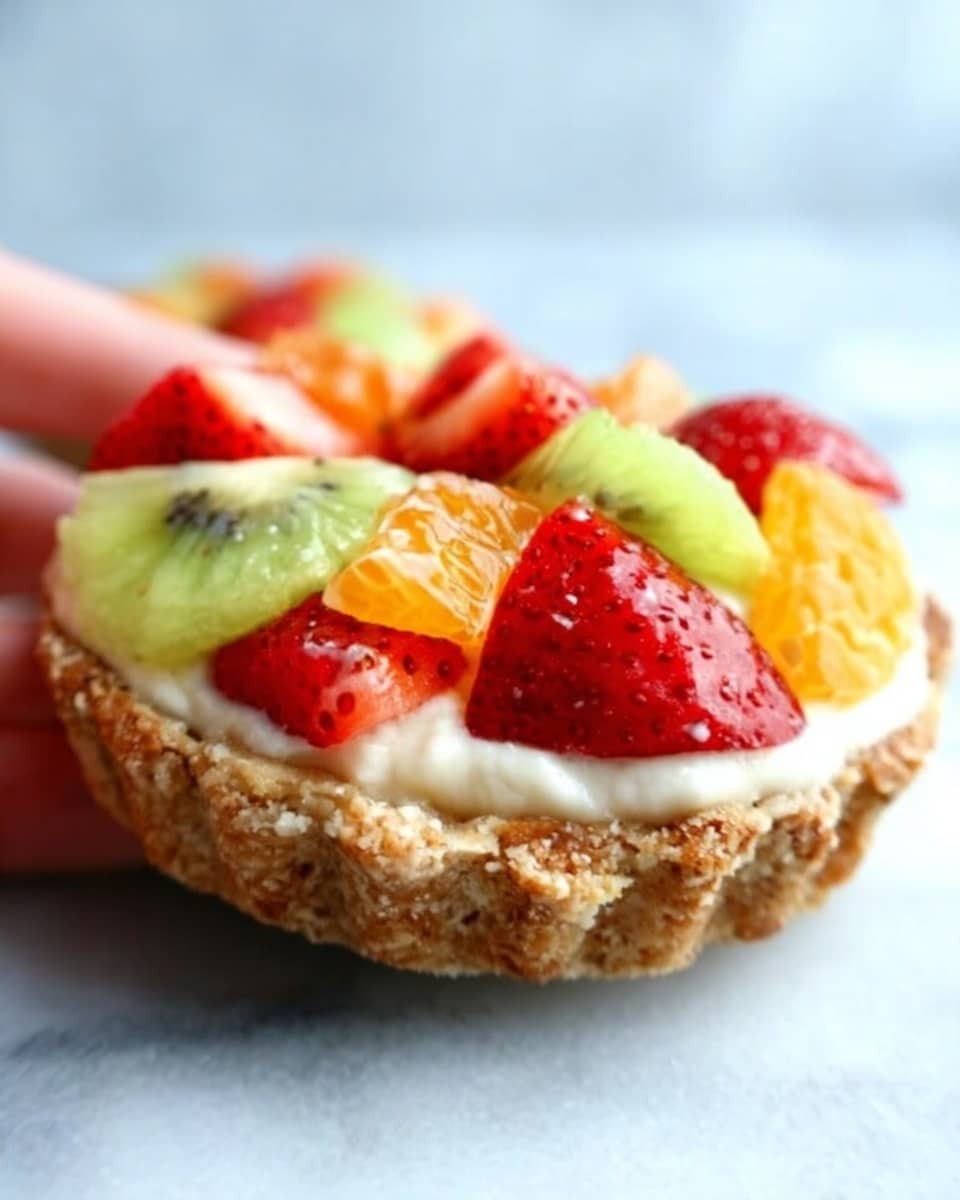 The image shows a close-up of a single rustic bagel half placed on a white marbled surface. The bagel has a rough, crunchy brown crust with visible seeds. On top, there is a thick layer of creamy white spread. The spread is covered with several layers of fresh, colorful fruits: sliced red strawberries, small chunks of light green kiwi, and tiny bright orange pieces, possibly mango or peach. The fruits are arranged loosely but evenly, creating a lively mix of colors and textures. Photo taken with an iphone --ar 4:5 --v 7