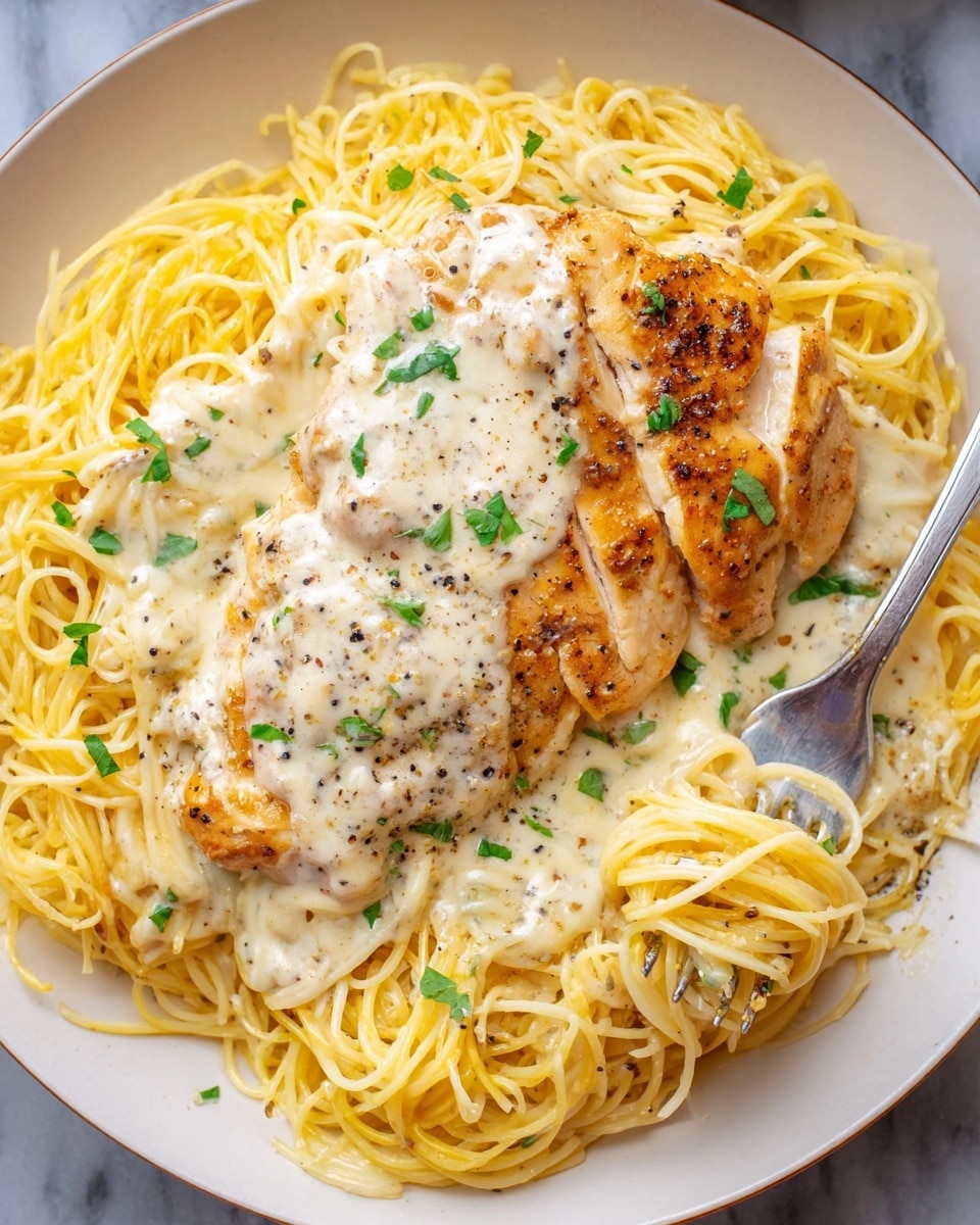 A white plate holds a bed of thin, yellow spaghetti noodles with a creamy white sauce covering parts of the noodles. On top of the noodles sits a large piece of golden-brown chicken breast, also covered with creamy sauce dotted with black pepper and small green herb pieces. A fork rests against the plate, twirling some noodles coated in sauce. The plate is set on a white marbled surface. photo taken with an iphone --ar 4:5 --v 7