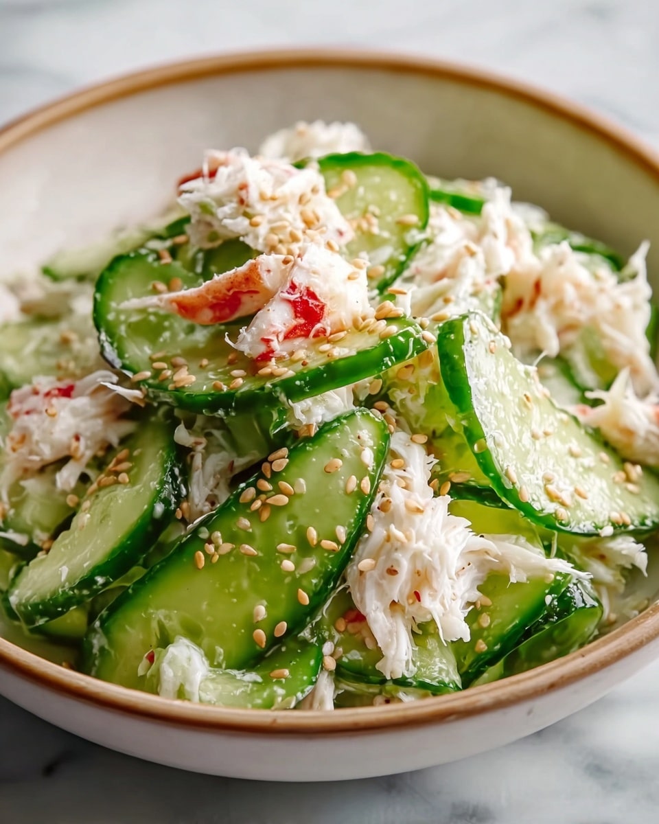 A close-up view of a bowl filled with a fresh crab salad, showing several layers of pale green thinly sliced cucumber mixed with white crab meat pieces that have a soft, fluffy texture. Thin cucumber slices have a dark green edge and are mixed throughout, while one piece of crab meat has a noticeable red stripe. The salad is sprinkled with light brown sesame seeds scattered evenly on top. The bowl is white with a rustic trim, sitting on a white marbled texture surface. photo taken with an iphone --ar 4:5 --v 7