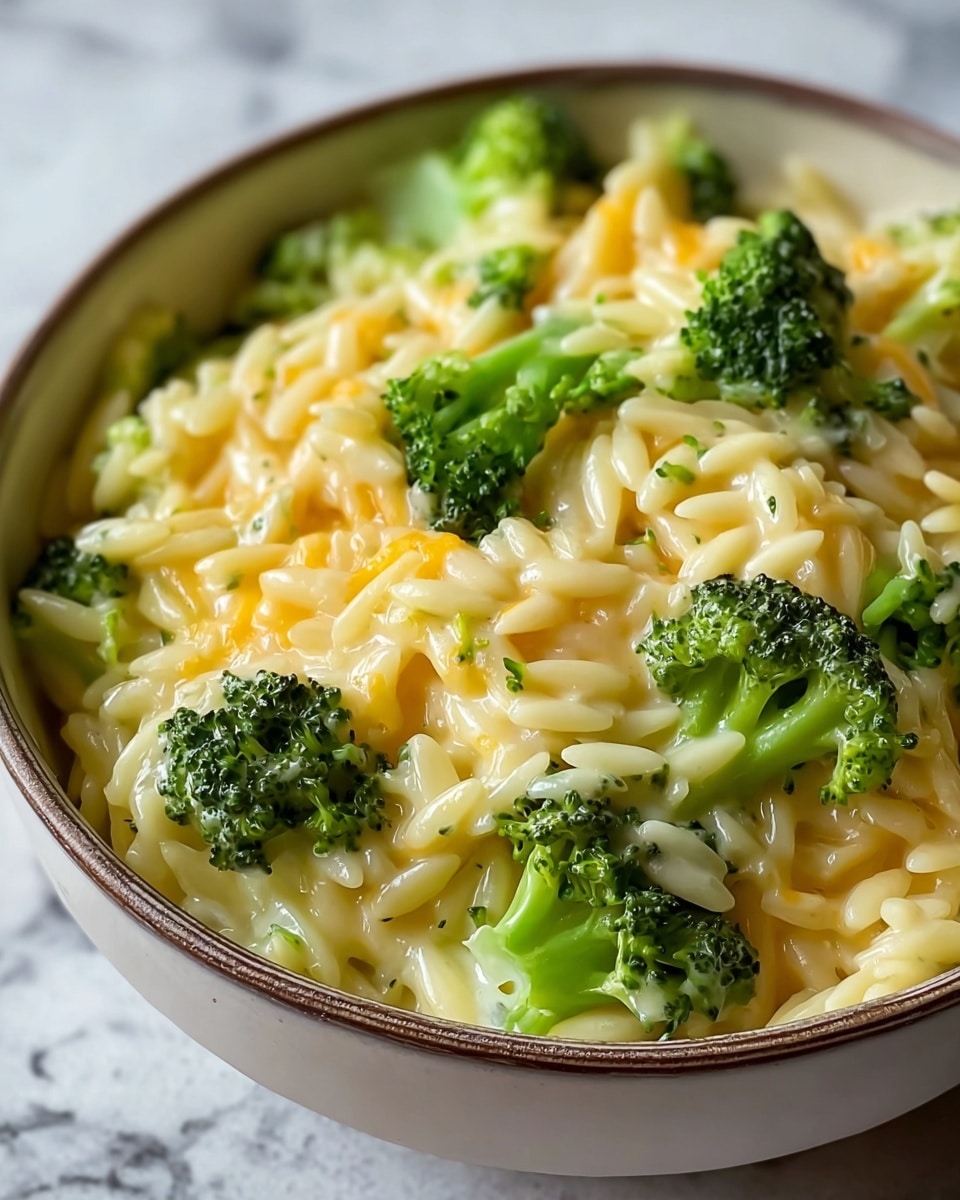 This image shows a close-up of a bowl filled with creamy orzo pasta and broccoli. The bottom layer is soft, pale yellow orzo pasta with a smooth, cheesy sauce coating each small, rice-shaped piece. Scattered on top are bright green broccoli florets with a slightly textured surface, adding color and freshness. The cheese sauce creates a glossy, rich look that covers parts of the broccoli and pasta, making the dish look warm and comforting. The bowl is white with a subtle brown rim, set on a white marbled texture. photo taken with an iphone --ar 4:5 --v 7